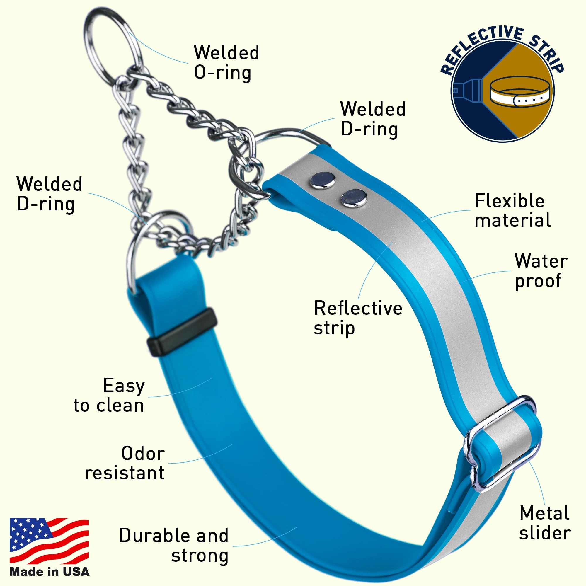 Premium Waterproof BioThane Dog Collar with Reflective Strip – Adjustable Martingale Collar for Safety – Comfortable & Lightweight – Easy to Clean – Perfect for Training, Walking & Outdoor Adventures
