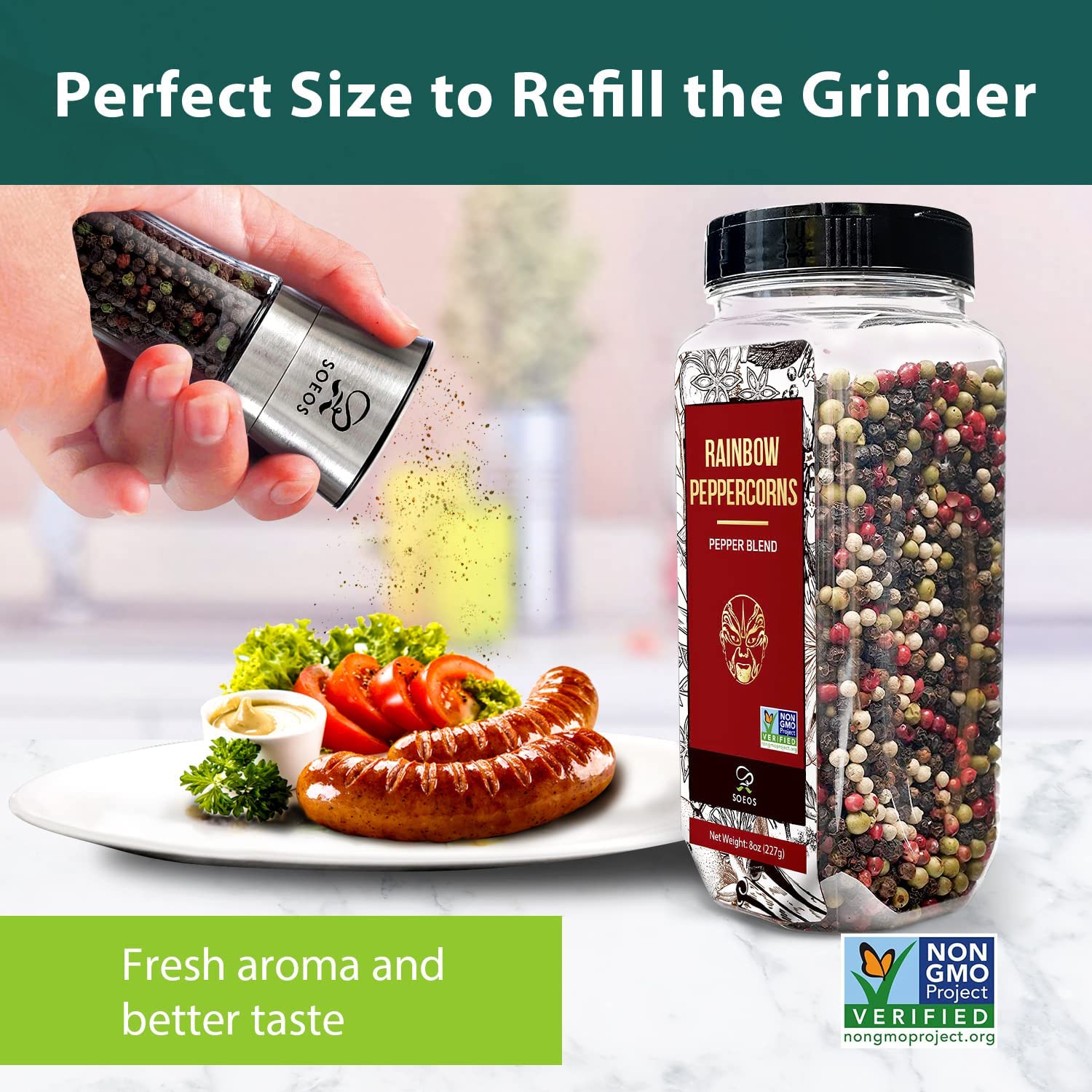 Soeos Rainbow Peppercorns 16oz (Pack of 2) | Non-GMO, Kosher Certified | Whole Peppercorns for Grinder Refill | Freshly Packed for Long-Lasting Flavor | Perfect for Cooking, Seasoning & Gourmet Dishes
