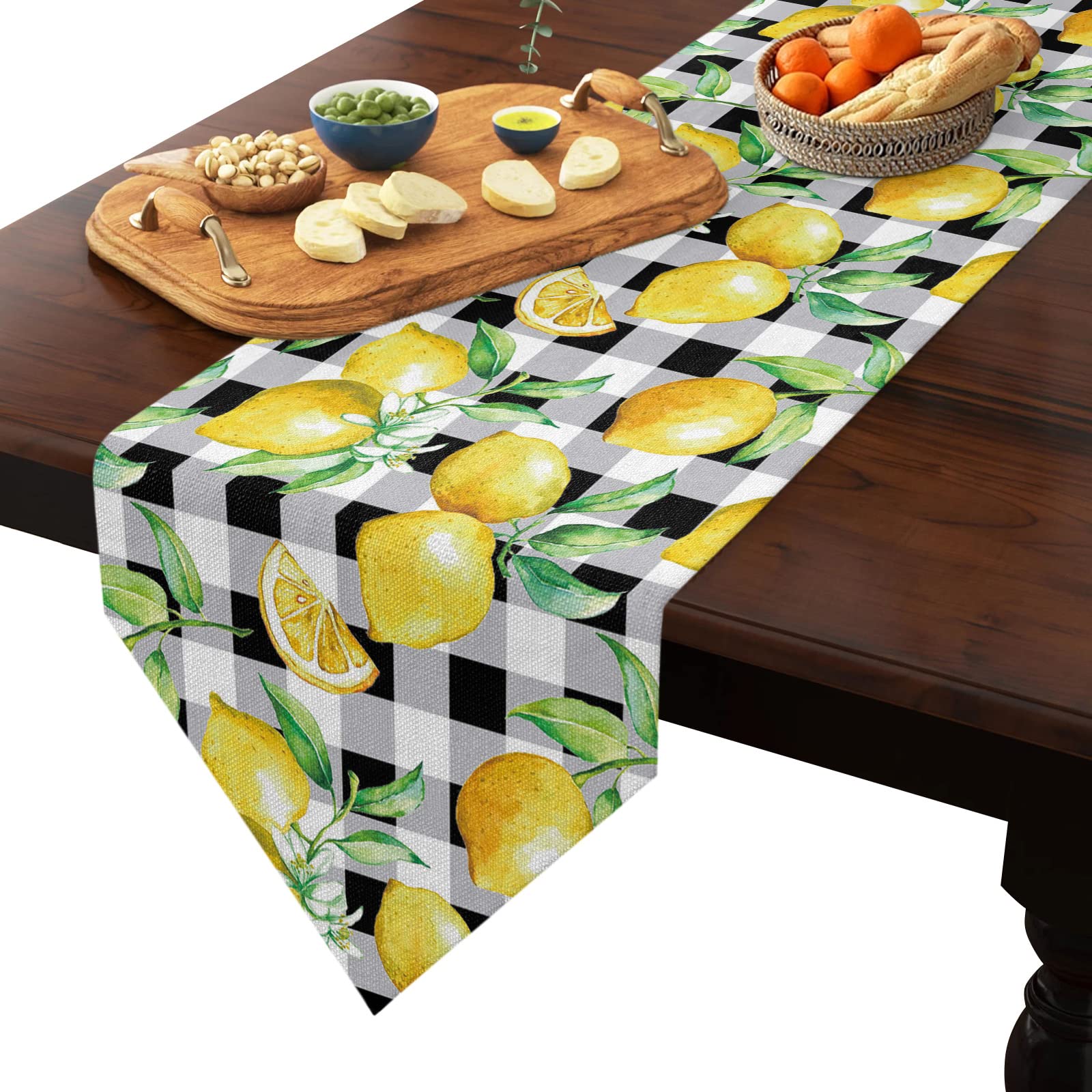 Linen Burlap Table Runner - Yellow Lemon Buffalo Plaid Farmhouse Decor (13x120In) for Dining Table, Kitchen, Coffee Table, Holiday Party & Family Dinner | Black & White Rustic Home Decor