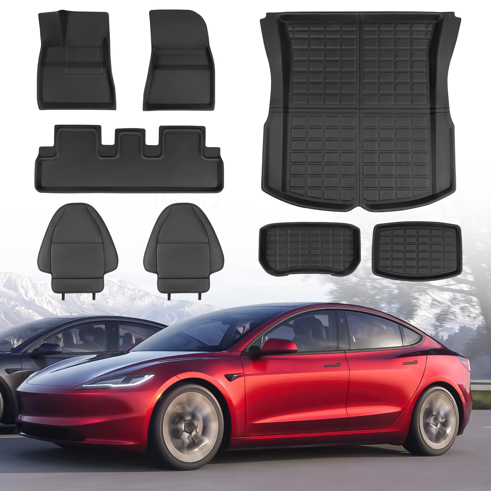 TAPTES All-Weather Floor Mats for Tesla Model 3 2024-2025 (Highland) - 8-Piece Set with Front/Rear Seat Covers, Cargo Liner & Kick Protectors | Waterproof Car Interior Accessories | Perfect for Daily Commute, Road Trips & Family Protection