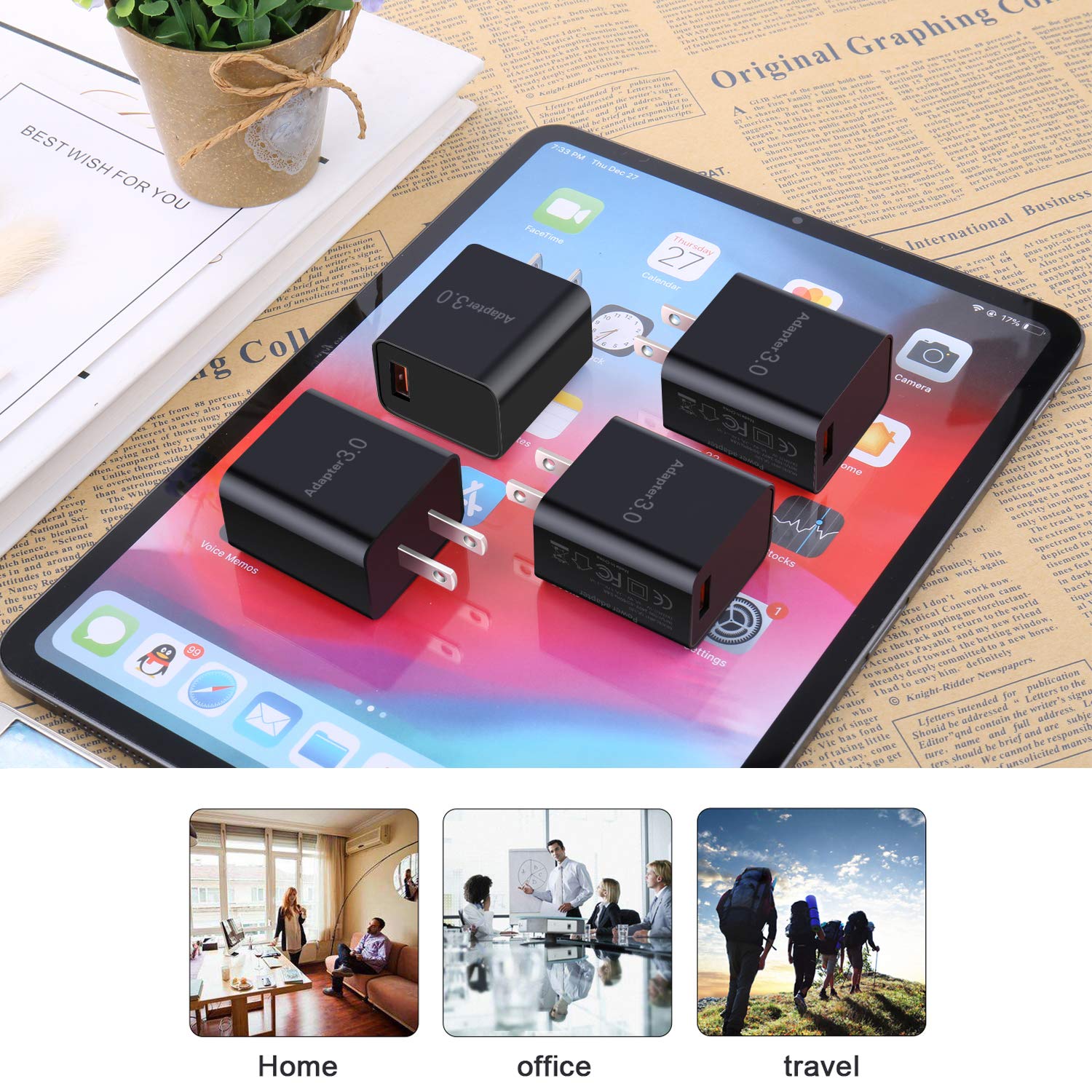 Fast Charge 3.0 USB Wall Charger [4-Pack] - 18W QC 3.0 Power Adapter with 5V/3A Output - Compatible with iPhone 16/15/14 Pro Max, Galaxy S24/S23 Ultra/S22/S21/S20/A03s - Quick Charging for Phones, Tablets & Wireless Chargers - Perfect for Home, Office & Travel Use