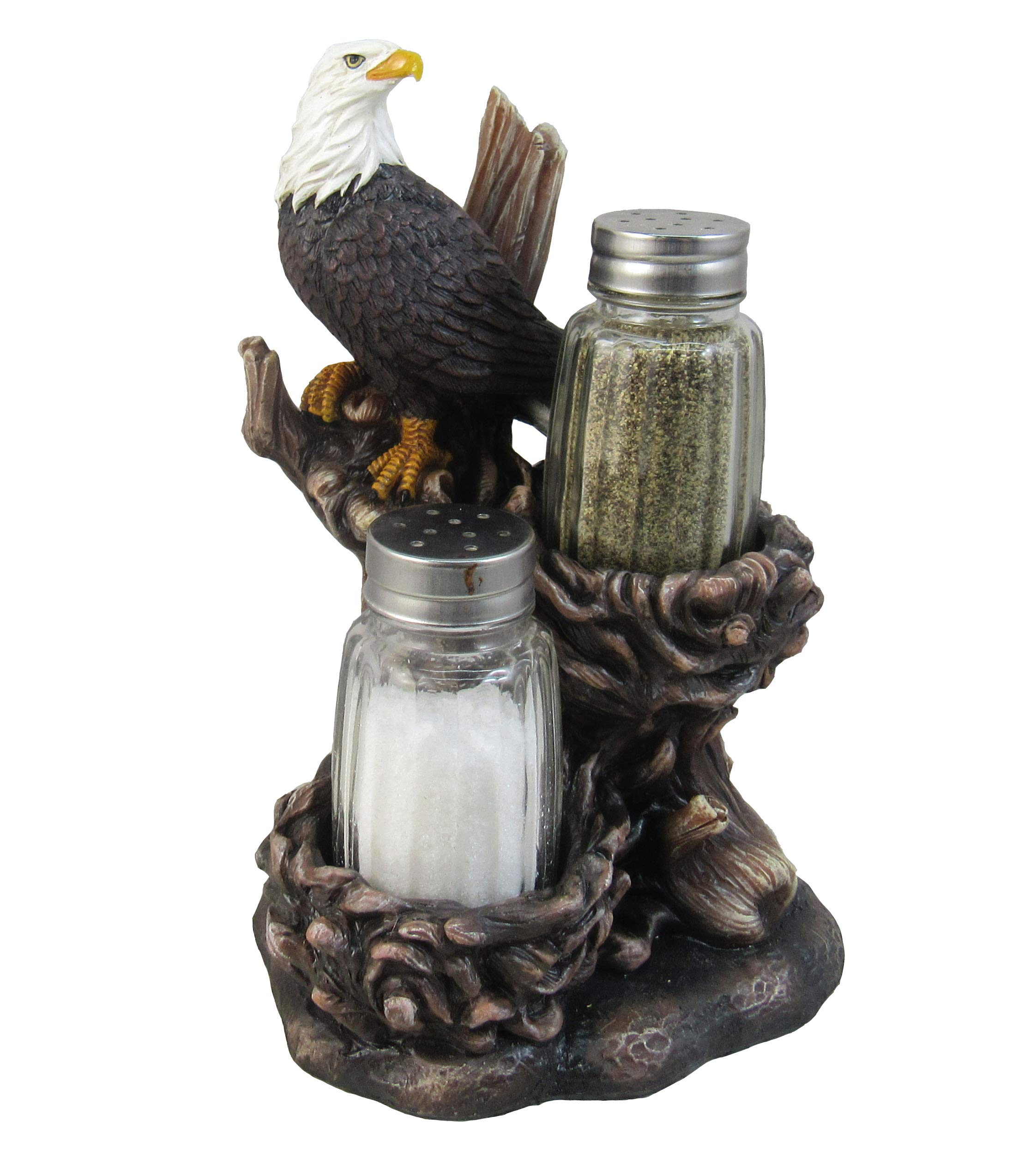 DWK Bald Eagle Spice Holder Figurine with Refillable Salt & Pepper Shakers - 3 Piece Kitchen Accessory Set | Eagle-Themed Spice Dispenser for Countertop Decor | Perfect for American Patriotism, BBQ Parties & Kitchen Organization (6.5 Inches)
