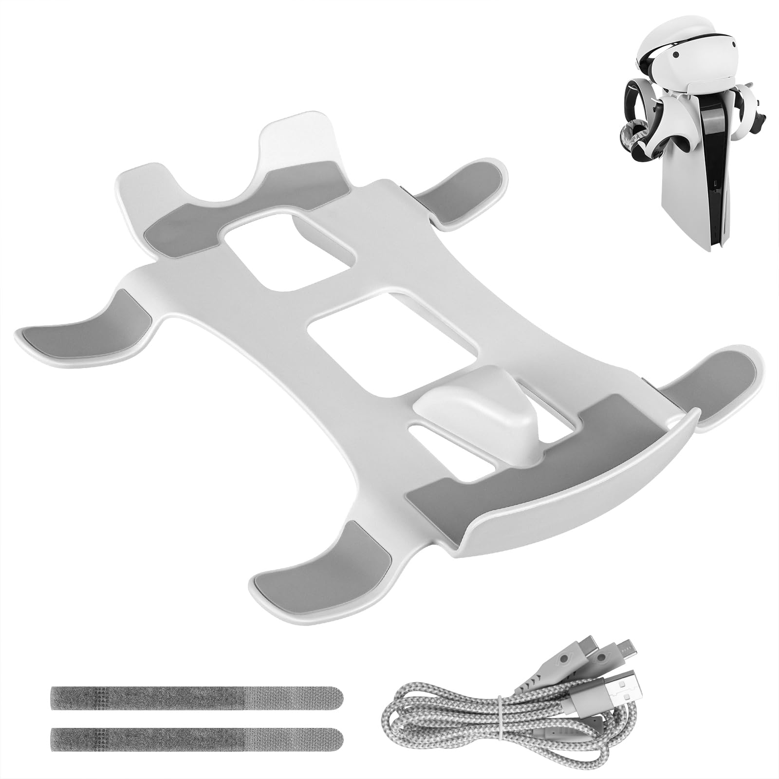 Geekria VR Storage Stand for PSVR2 & PS5 - VR Headset & Controller Holder with 2-in-1 Charging Cable - White | Multi-Functional Gaming Accessory for Organized Playstation Setup & Safe VR Equipment Storage