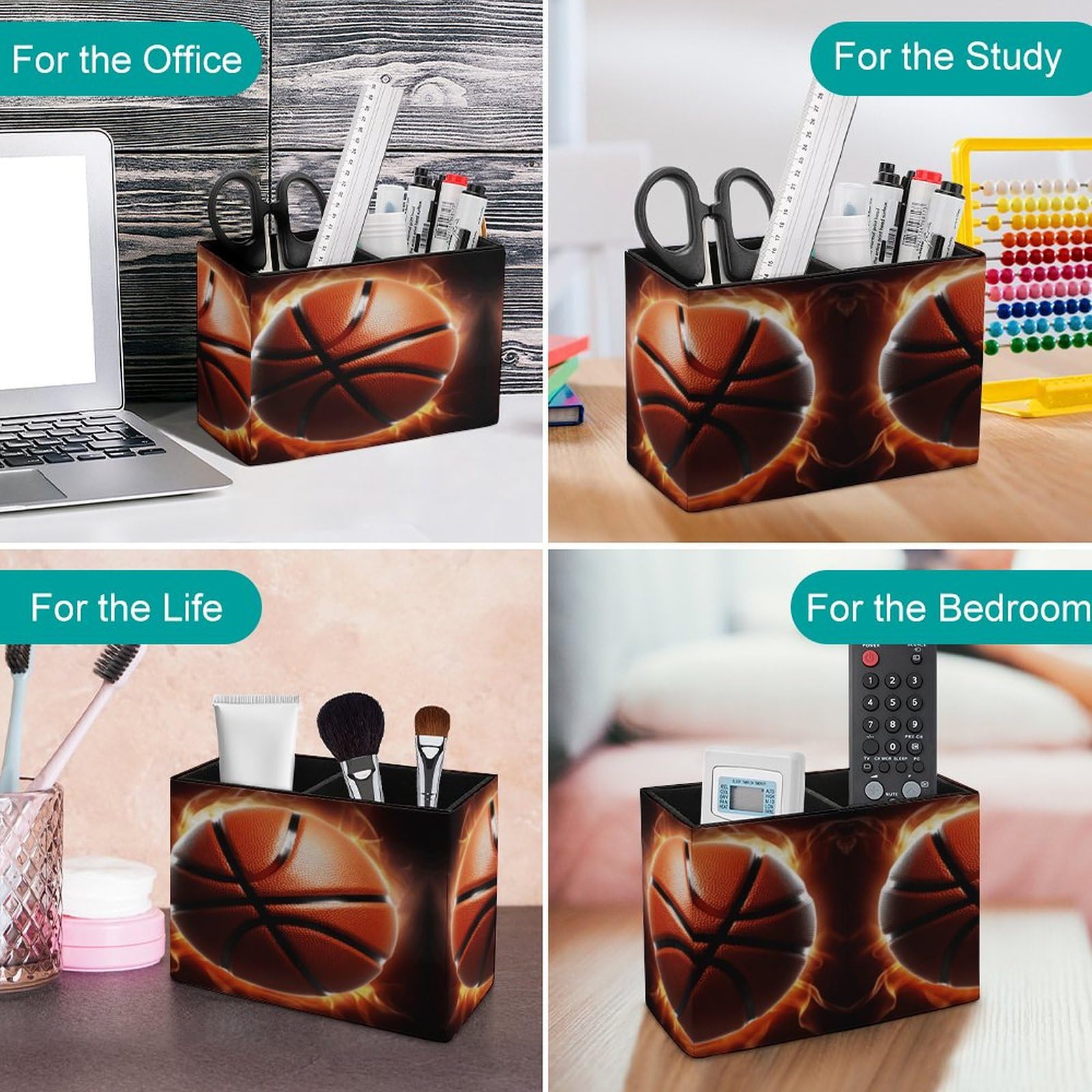 YJWANDO Leather Pen Holder with Basketball On Fire Print - Premium Office Desk Organizer & Pen Cup for Pencils, Pens & Markers - Perfect Desk Accessory for Home, Office or School Organization