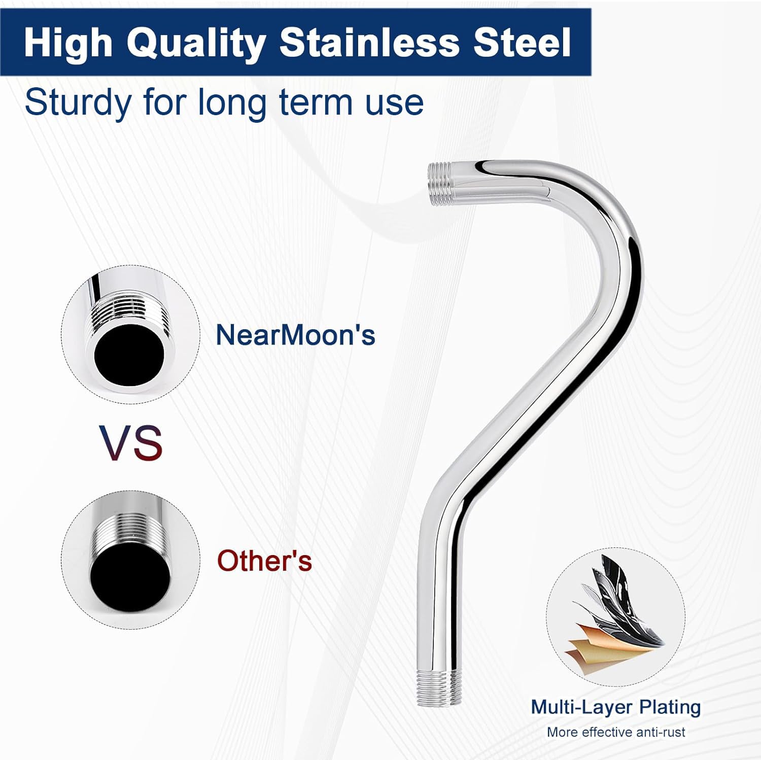 NearMoon J Shaped Shower Extension Arm - 8 Inch Stainless Steel Shower Head Height Extender with Flange & Riser Pipe Design - Standard 1/2