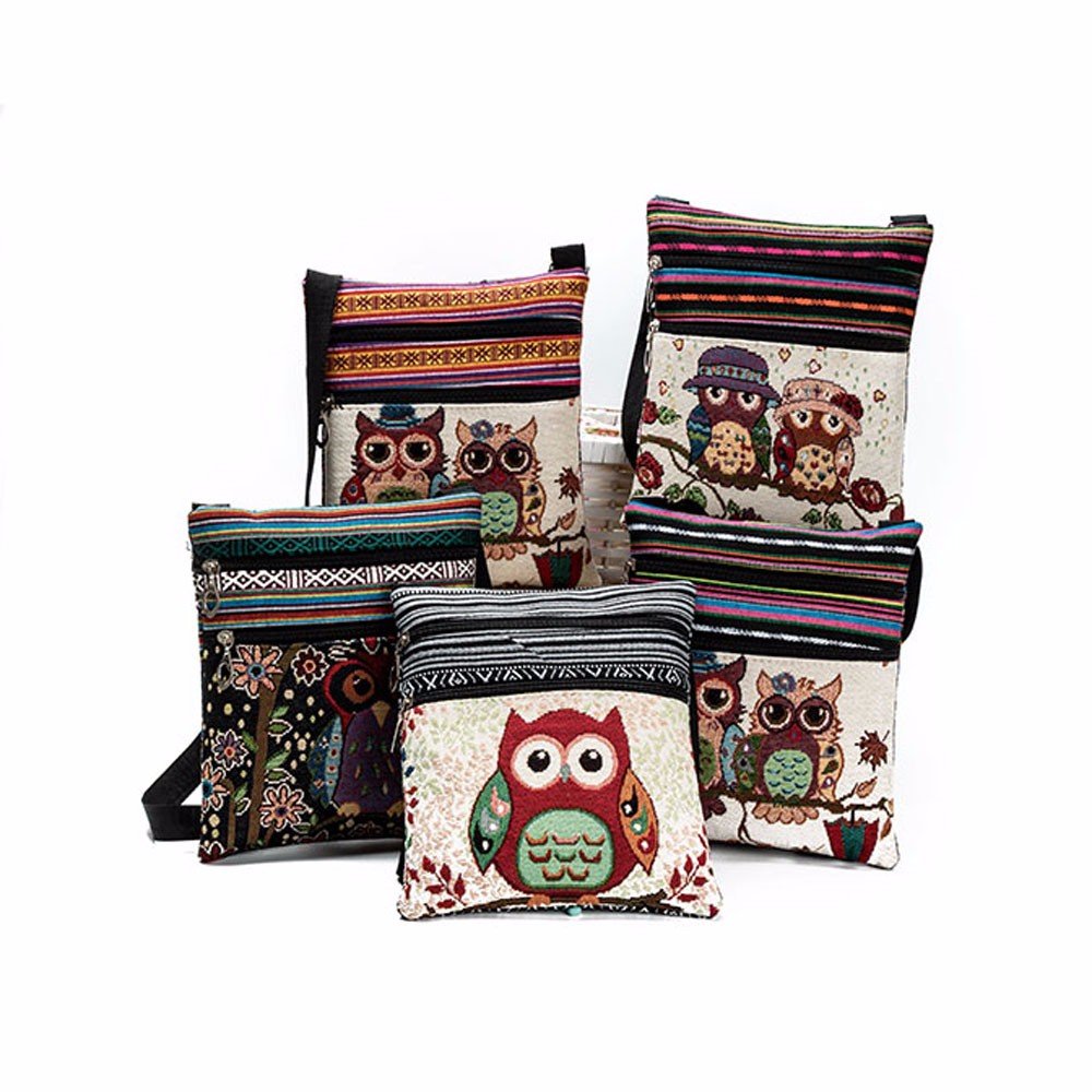 Owl Embroidered Crossbody Bag for Women - Double Zipper Shoulder Purse, Linen Postman Tote Bag | Perfect for Daily Use, Travel, Shopping & Work Commute