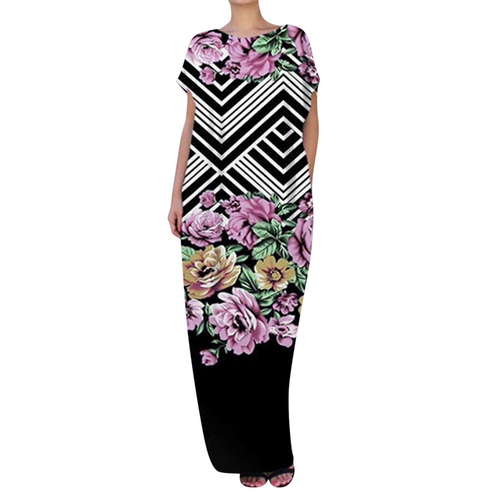 Trendy 2022 Women's Summer Dresses - Cute Boho Print Casual Short Sleeve Loose Pocket Dress with Round Neck | Perfect for Beach Vacation, Outdoor Parties & Daily Wear (Black, XXXXL)