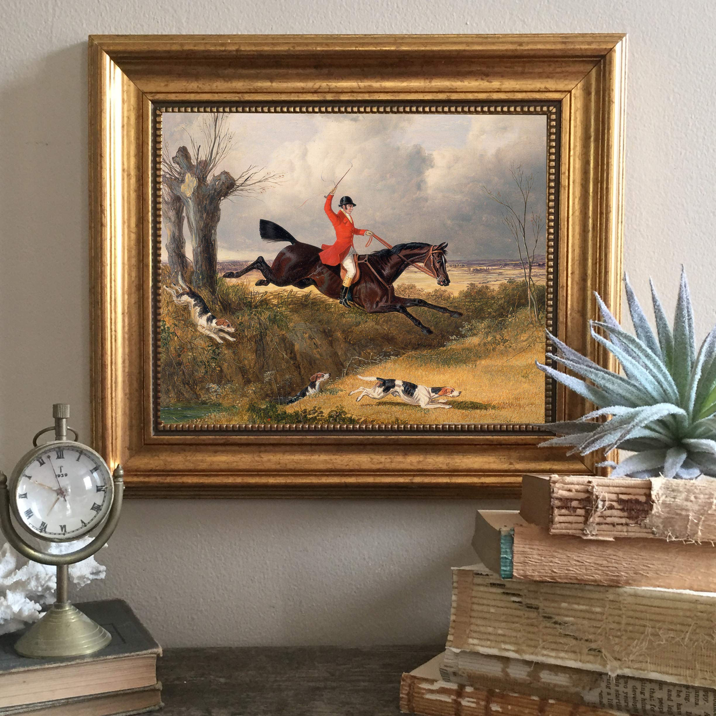 Schooner Bay Co. - John Frederic Herring 'Clearing a Ditch' 8x10 Inch Equestrian Oil Painting Print on Canvas with Gold Frame - Fox Hunting Wall Art Decor for Living Room, Study, or Office - Ready to Hang