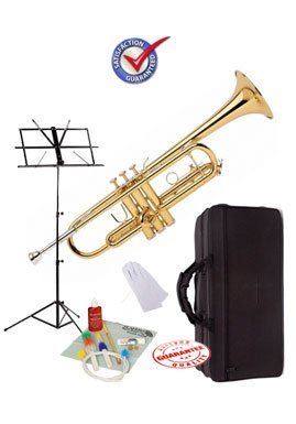 Professional Gold Bb Trumpet Student Package - Includes Hard Case, Music Stand & Cleaning Kit | Perfect for School Bands, Beginners & Music Practice | GoldTrump-Pack