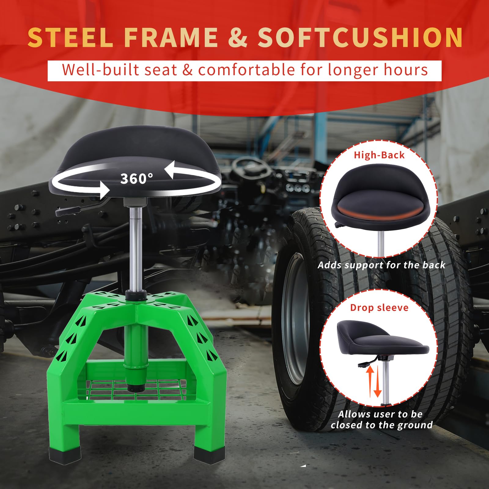 Heavy Duty Green Rolling Shop Stool - 300 Lbs Capacity Adjustable Height Pneumatic Swivel Stool with Tool Storage | Perfect for Workshop, Garage & Industrial Use