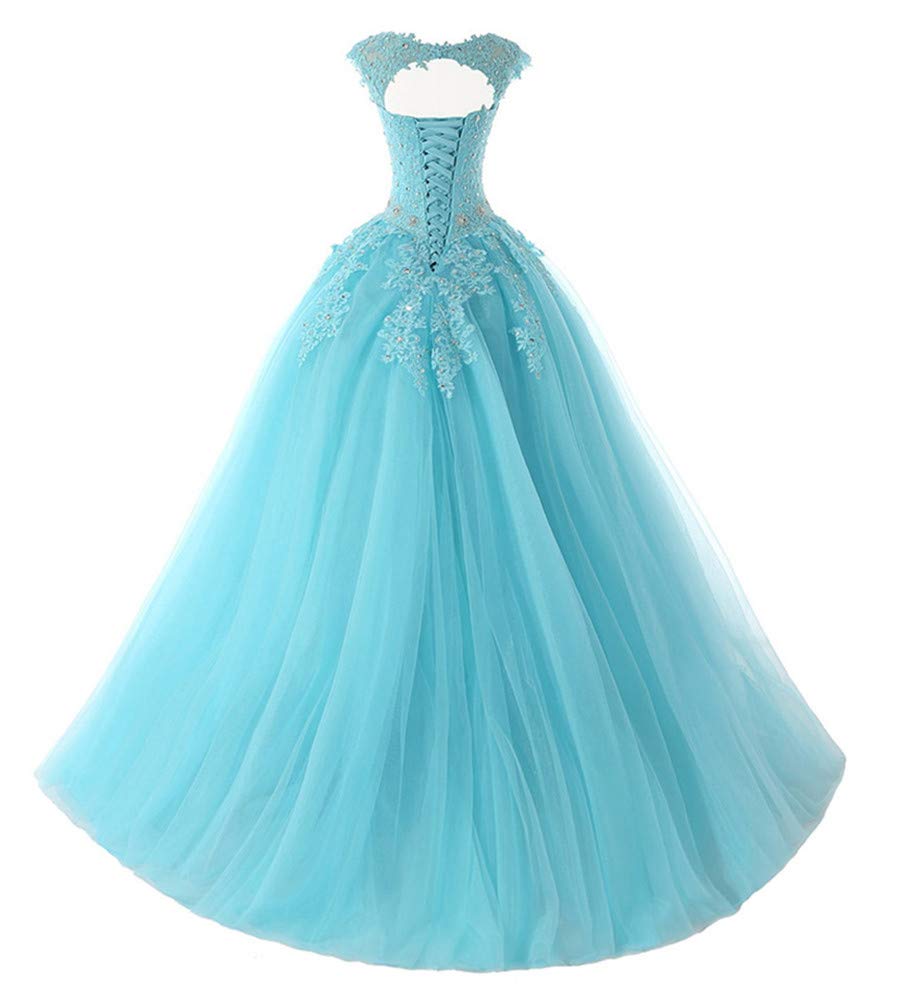 Elegant Dusty Blue Beaded Tulle Quinceanera Prom Dress with Cap Sleeves - Perfect for Sweet 16, Homecoming, and Formal Ball Gown Events