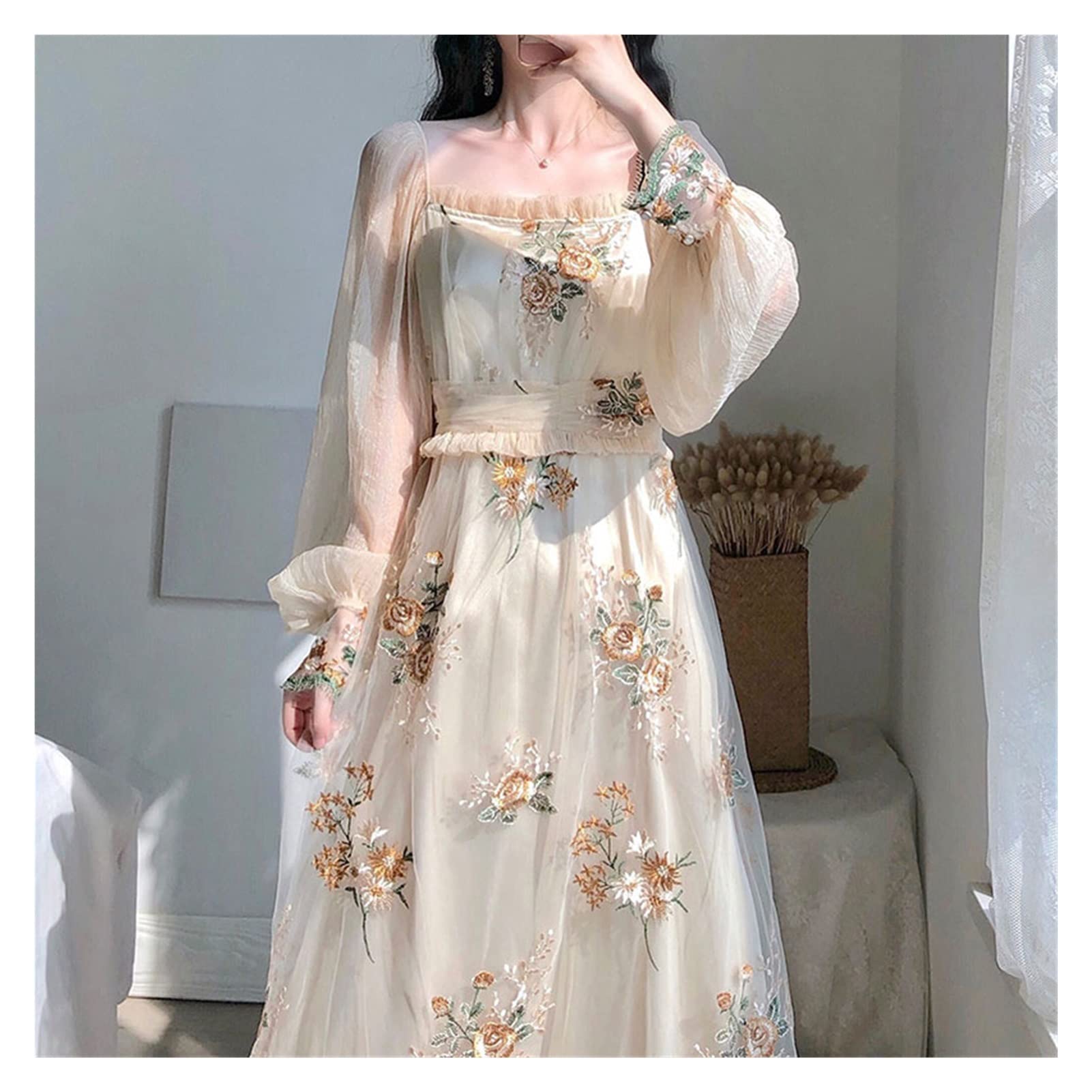 SKREOJF Women's Floral Embroidery Party Dress - Elegant Slash Neck Lantern Sleeve Lace Mesh Long Dress for Evening Parties, Weddings & Special Occasions (Color A, Size XL)