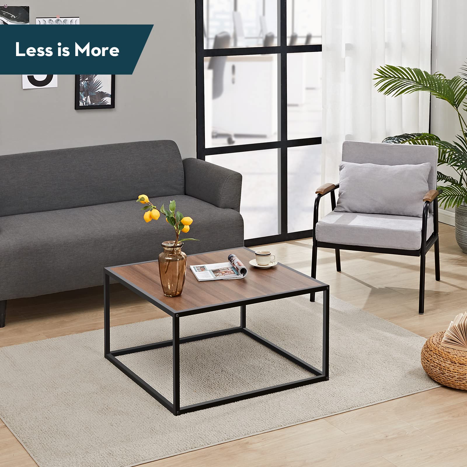 Rustic Walnut Farmhouse Coffee Table - Mid Century Modern Square Low Coffee Table for Small Spaces, Living Room & Home Office - Boho Style Center Table for Cozy Home Decor