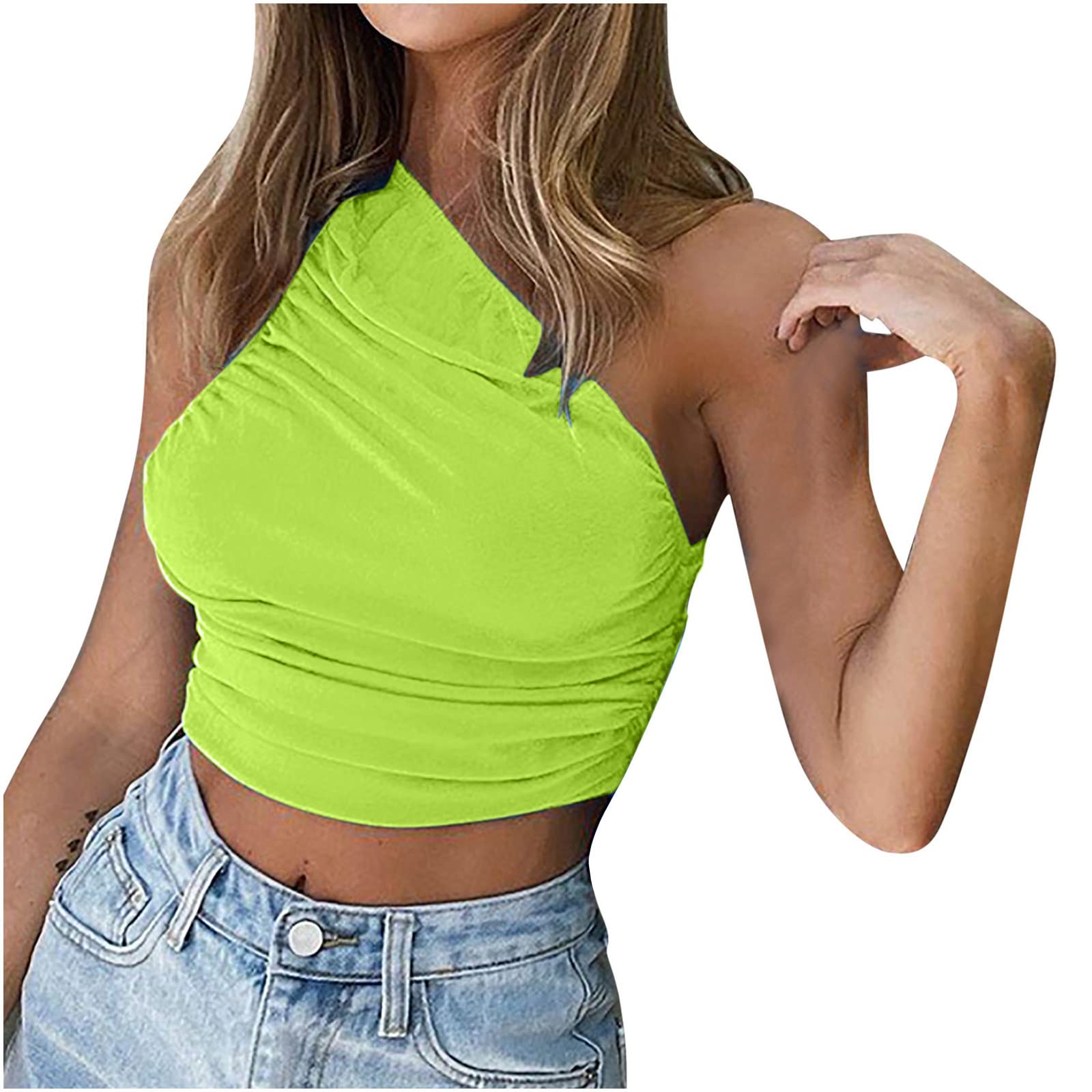 FAVIPT 2022 Y2K Women's Sexy Ruched One Shoulder Sleeveless Crop Top - Trendy Clubwear & Casual Going Out Cami Tank for Summer Parties, Beach Vacations & Nightlife