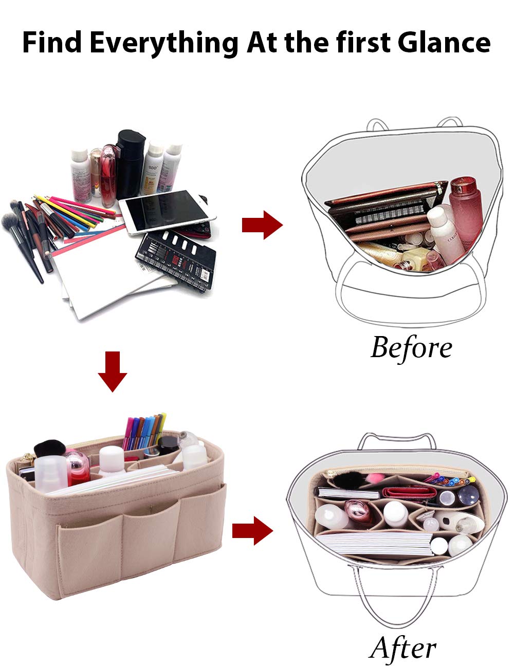 LEXSION Felt Purse Insert Organizer - Handbag Organizer for Speedy & Neverfull Bags - Perfect for Travel, Work & Daily Use