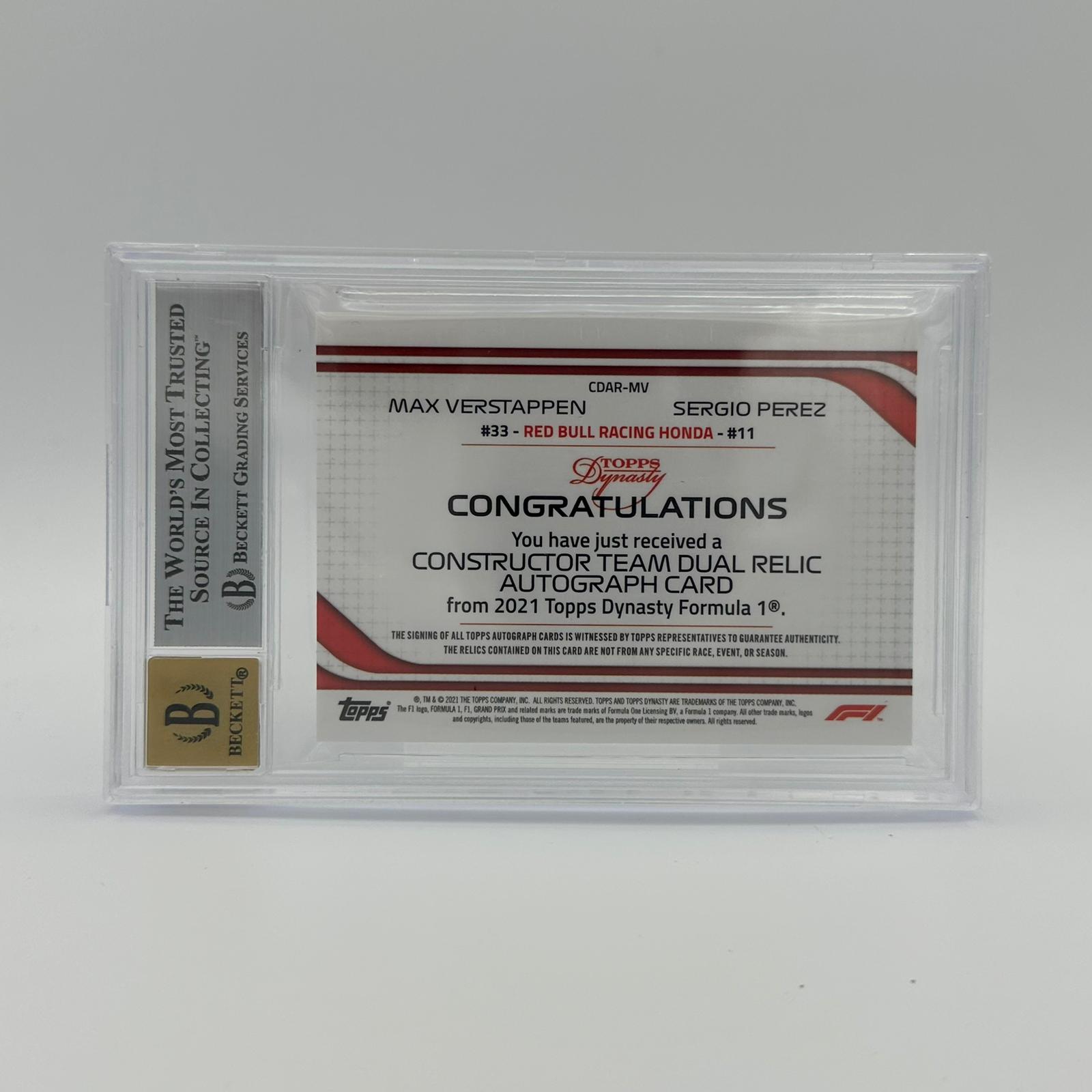 Beckett 9 3/5 Max Verstappen & Sergio Perez Dual Autograph F1 Racing Card with Constructors Team Patches - Perfect for F1 Collectors, Racing Fans, and Sports Memorabilia Enthusiasts