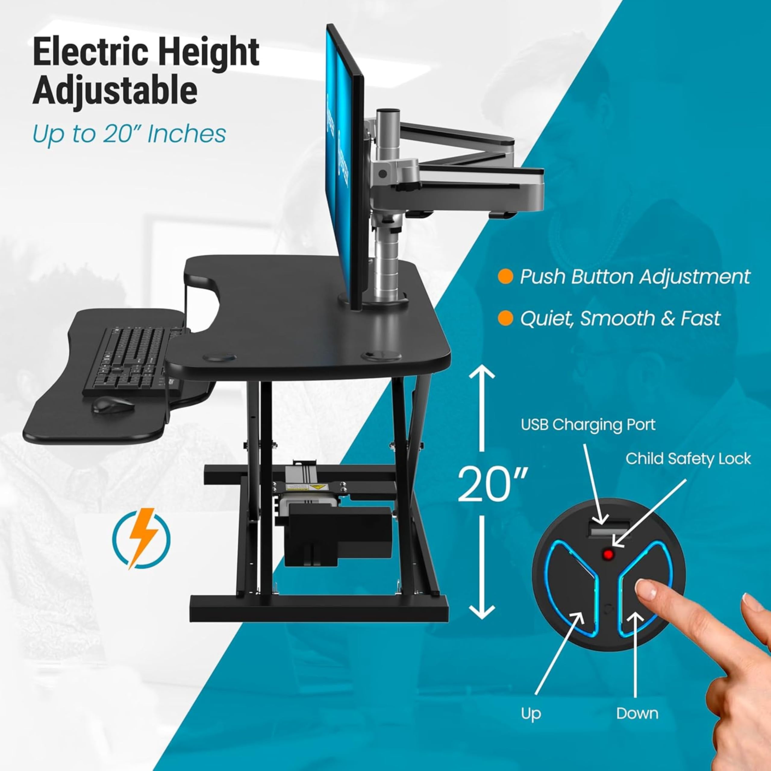 VERSADESK PowerPro 36 Inch Electric Standing Desk Converter - Height Adjustable Sit Stand Desk Riser for Home & Office - Dual Monitor & Laptop Workstation with Wide Keyboard Tray & USB Port - Black - Perfect for Remote Work, Gaming & Ergonomic Workspace Setup