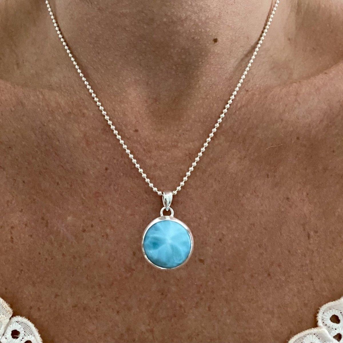 Elegant Round Larimar Pendant Necklace for Women - Handcrafted Sterling Silver Jewelry, Perfect for Gifts, Weddings & Special Occasions