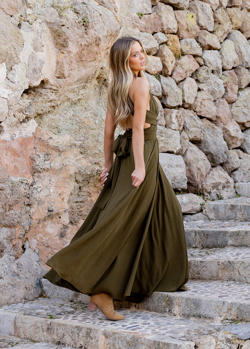 Juneau Dress in Oregano Green - Elegant Flowy Midi Dress for Women | Perfect for Summer Outings, Beach Vacations & Casual Events