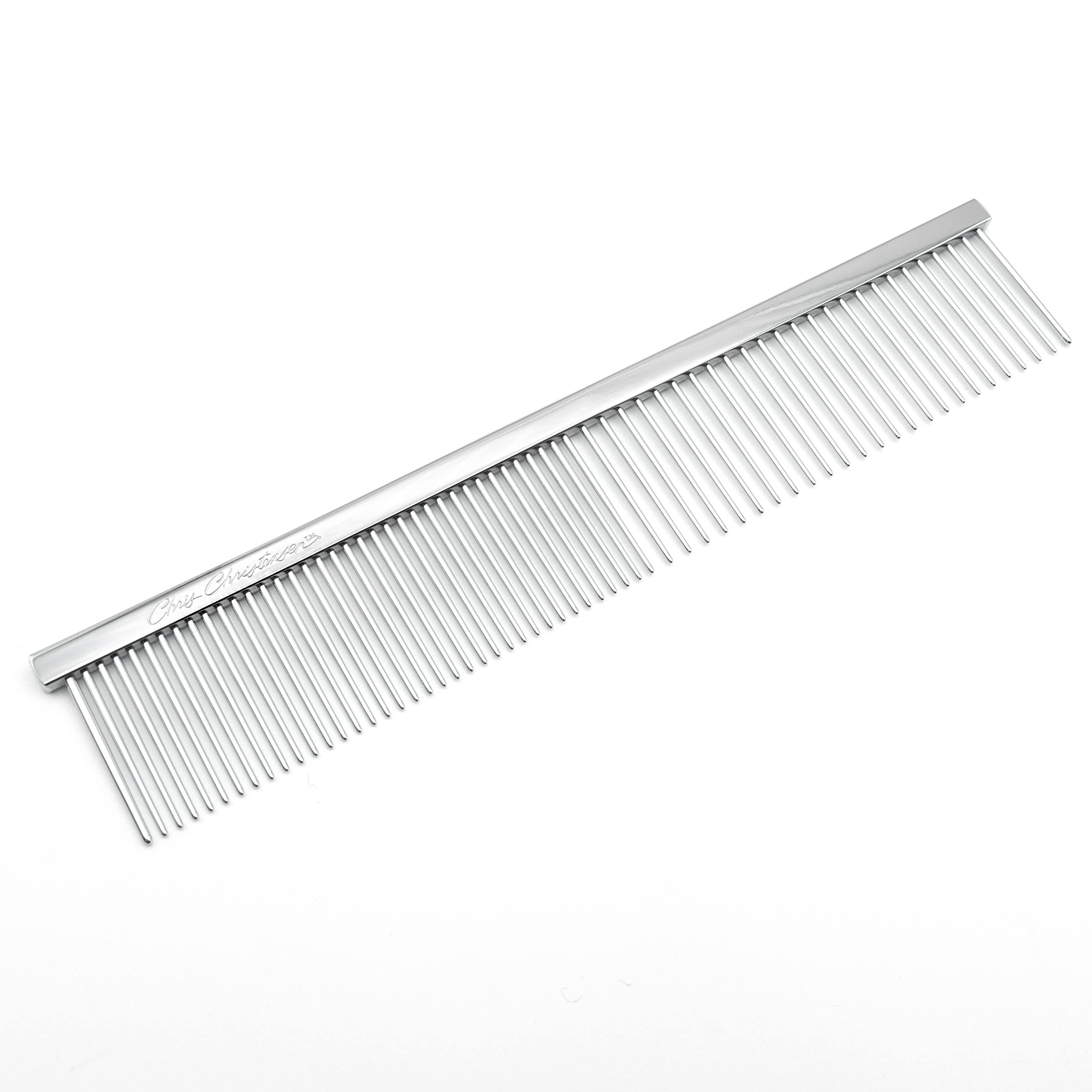 Chris Christensen 000 7.5 Inch Greyhound Style Fine/Coarse Dog Grooming Comb - Professional Pet Brush with Rounded Corners for Safe Detangling - Solid Brass Spin & Steel Teeth - Chrome Finish - Perfect for Show Dogs & Daily Grooming at Home