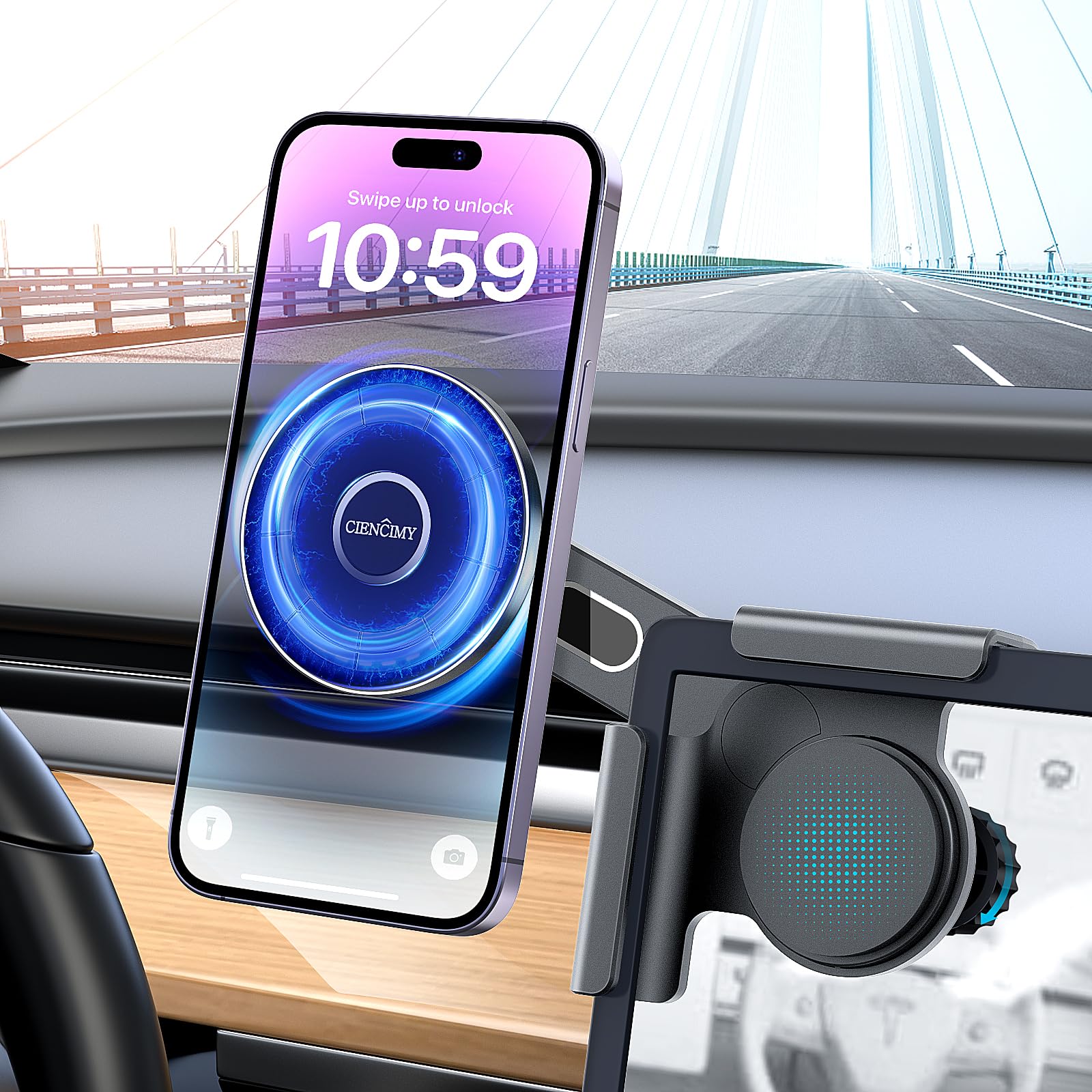 Premium Tesla Phone Mount with Strong Magnetic Grip & Secure Flip Cover Lock - Compatible with Tesla Model 3/Y & iPhone 15/14/13/12 Series (Mini/Pro/Max/Plus) | Perfect 2023 Tesla Accessories for Safe Driving & Hands-Free Navigation