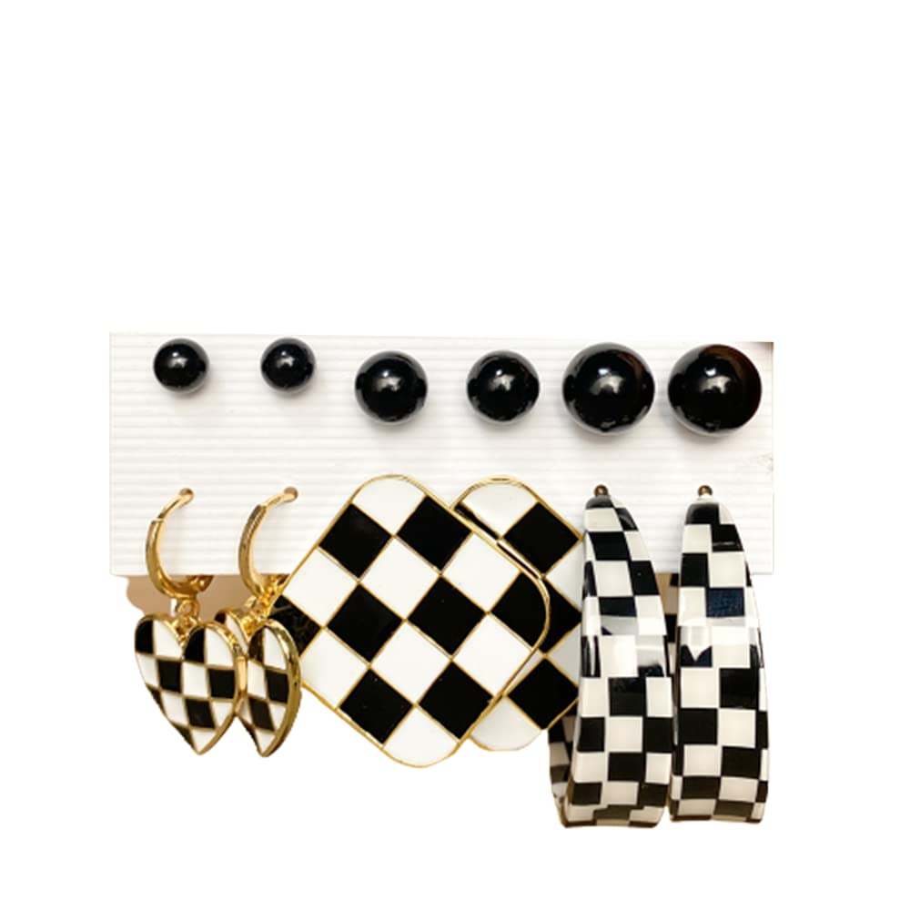 Trendy Black & White Plaid Geometric Dangle Earrings Set - Butterfly & Heart Acrylic Fashion Jewelry for Women | Perfect for Parties, Dating & Daily Wear