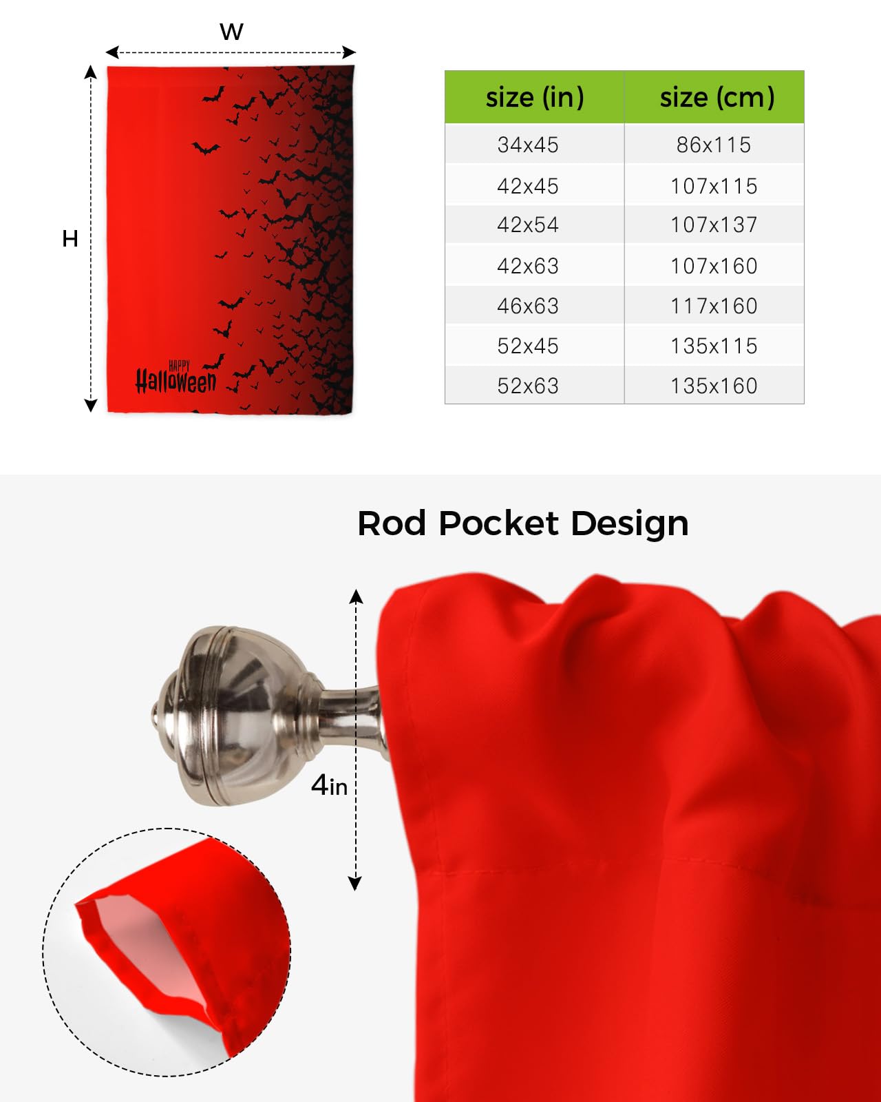 Happy Halloween Kitchen Window Curtains - Black Bats & Red Gradient Balloon Shade with Rod Pocket, 42