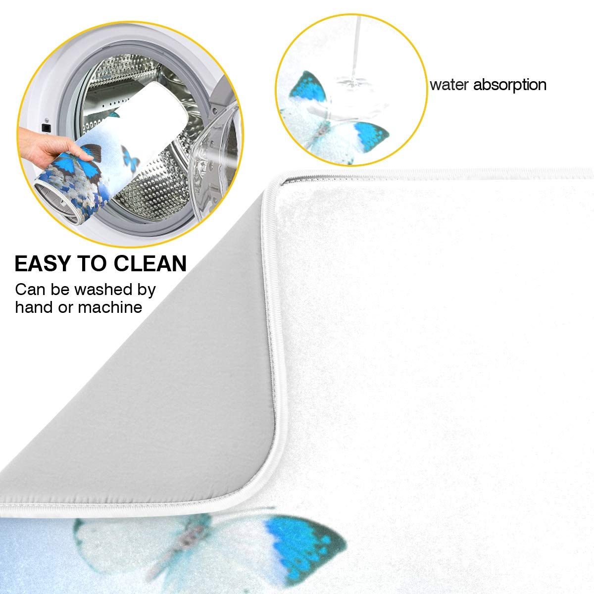 Susiyo Super Absorbent Microfiber Dish Drying Mat - Blue Hydrangeas & Butterfly Design - Heat-Resistant Kitchen Counter Mat (18x24 Inch) for Drying Dishes, Utensils & Cookware - Perfect for Kitchen Countertops, Sink Areas & Dish Rack Protection