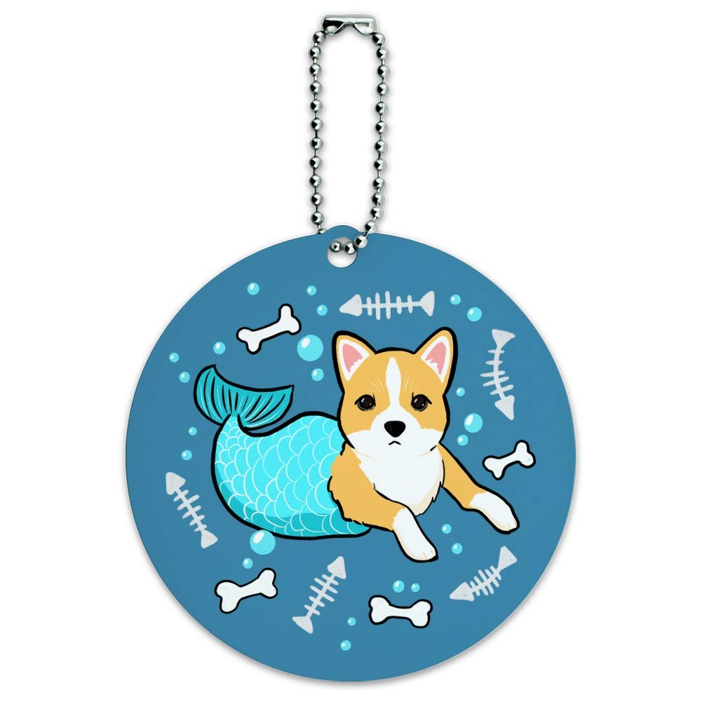 Merdog Mermaid Dog Round Luggage ID Tag Card - Waterproof Pet Suitcase & Carry-On Name Tag for Travel Accessories - Perfect for Airports, Vacations & Pet Identification