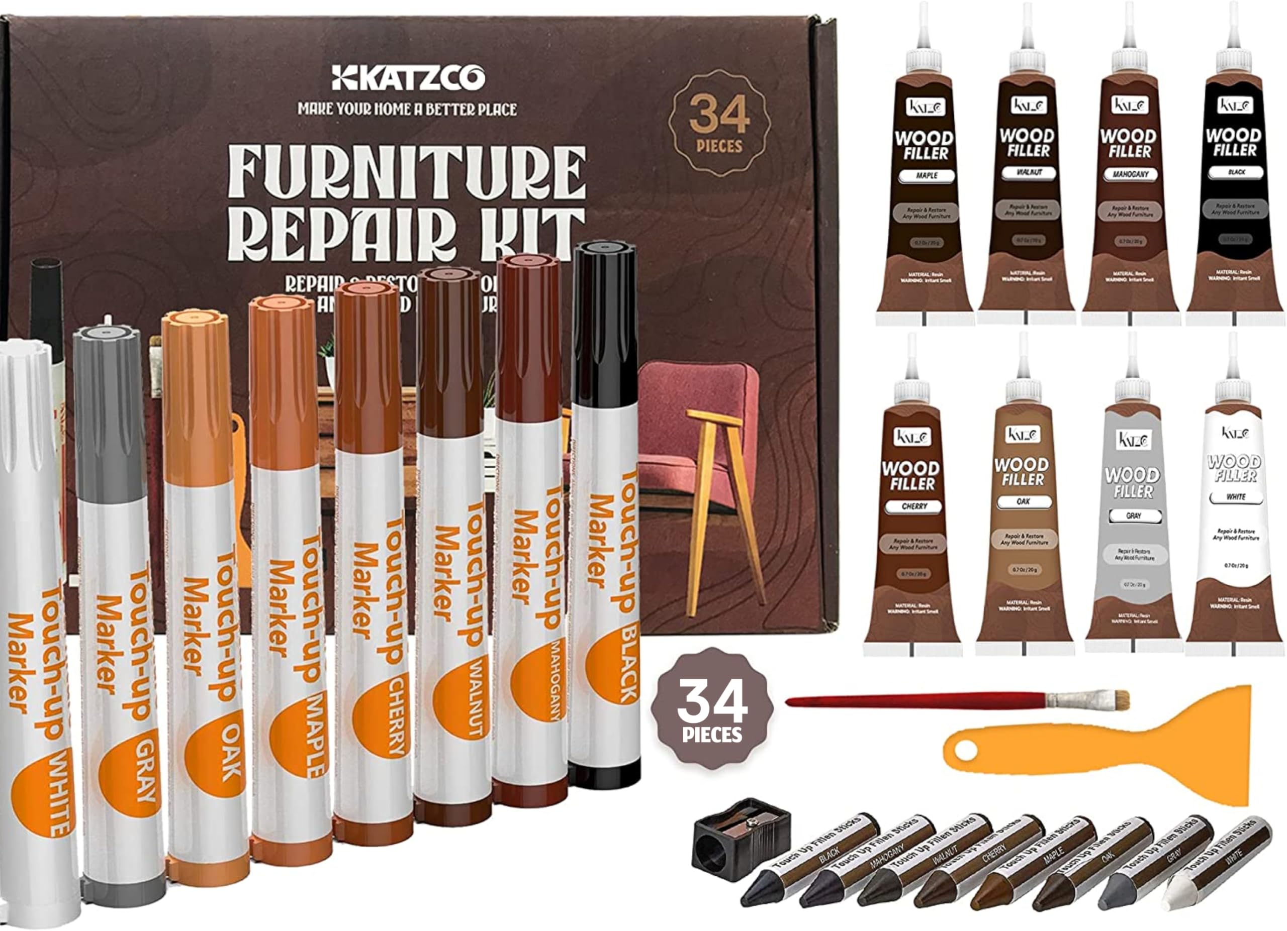 Katzco 34-Piece Wood Furniture Repair Kit - Stain & Scratch Markers with Wax Sticks & Sharpener - Perfect for Floors, Tables, Desks, Bedposts - DIY Touch-Up & Cover-Up Solution for Carpenters & Homeowners