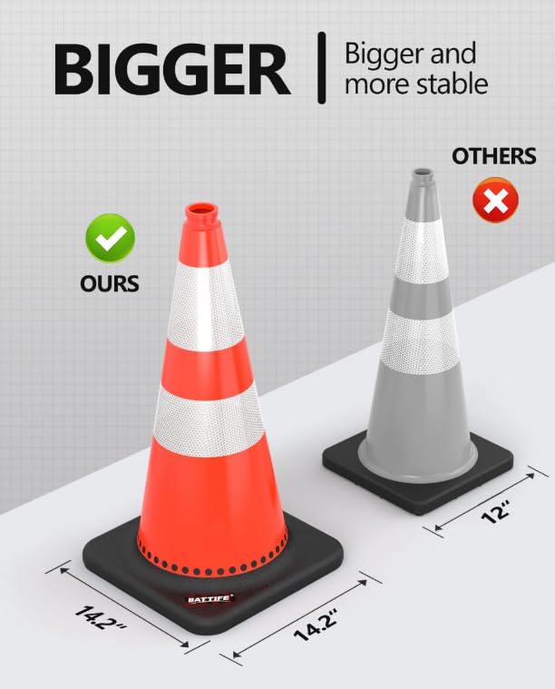 (8 Pack) BATTIFE 28 Inch Heavy Duty Traffic Cones with Weighted Black Base - High Visibility PVC Orange Safety Cones for Road Construction, Parking Control, School Zones & Sports Events - Perfect for Driveways, Work Zones & Crowd Management