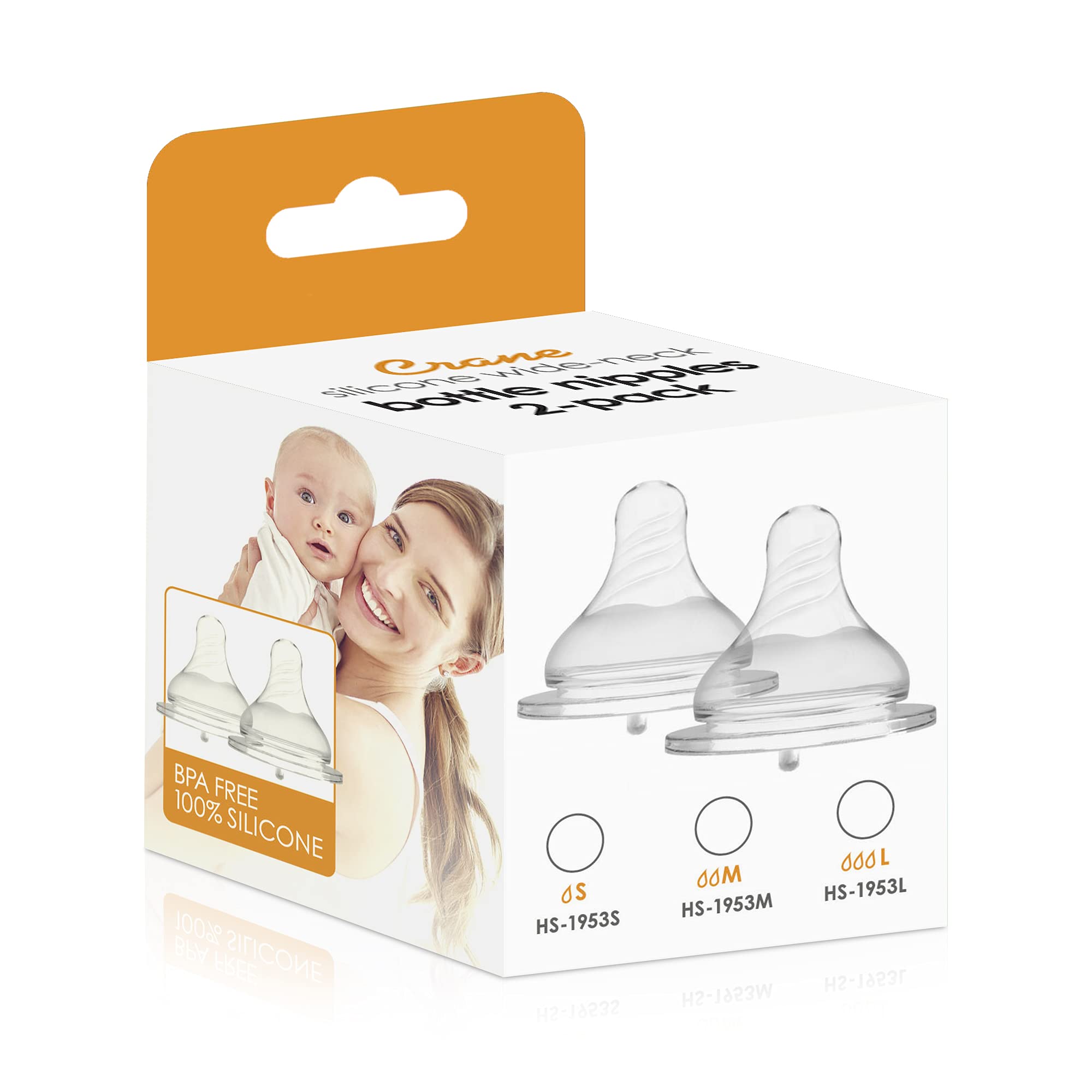 Crane Silicone Wide-Neck Milk Bottle Nipples 2-Pack - Medium Flow, Clear, BPA-Free (HS-1953M) for Baby Bottles & Breastfeeding Accessories
