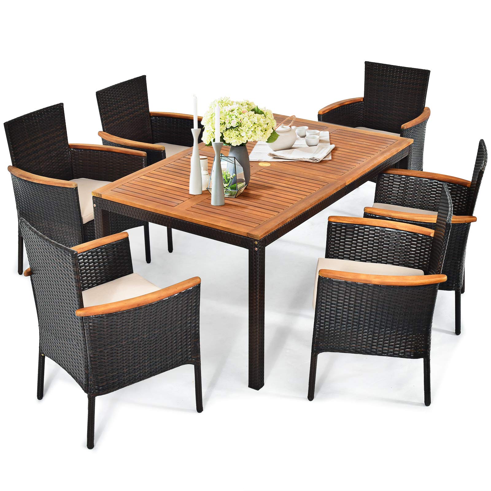 HAPPYGRILL 7-Piece Outdoor Patio Dining Set with Acacia Wood Table Top, Rattan Wicker Chairs & Removable Cushions - Perfect for Garden, Backyard, Poolside & Outdoor Entertaining
