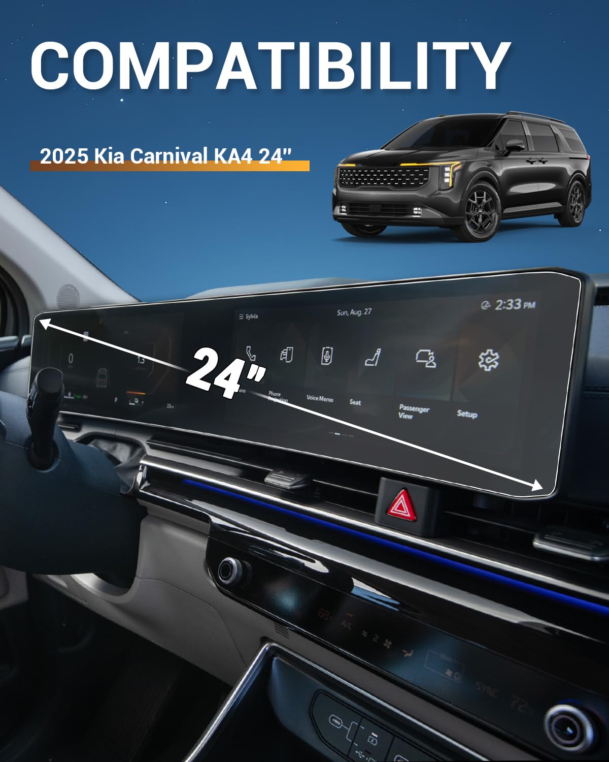 2025 Kia Carnival Screen Protector - 2 Pack HD Tempered Glass for 24-inch Panoramic Display | Compatible with LX/LX Seat Package/EX/SX/SX Prestige Trims | Anti-Scratch & Bubble-Free | Perfect for Road Trips & Family Travel