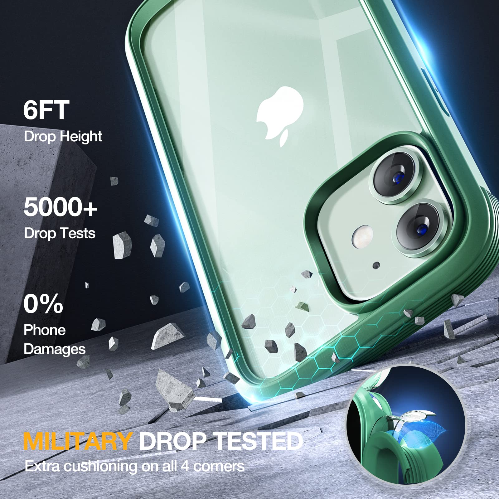 Miracase iPhone 12/12 Pro 6.1 inch Clear Protective Case (2020 Model) - Shatterproof 9H Tempered Glass Screen Protector Included - Midnight Green - Perfect for Everyday Use, Work & Travel Protection