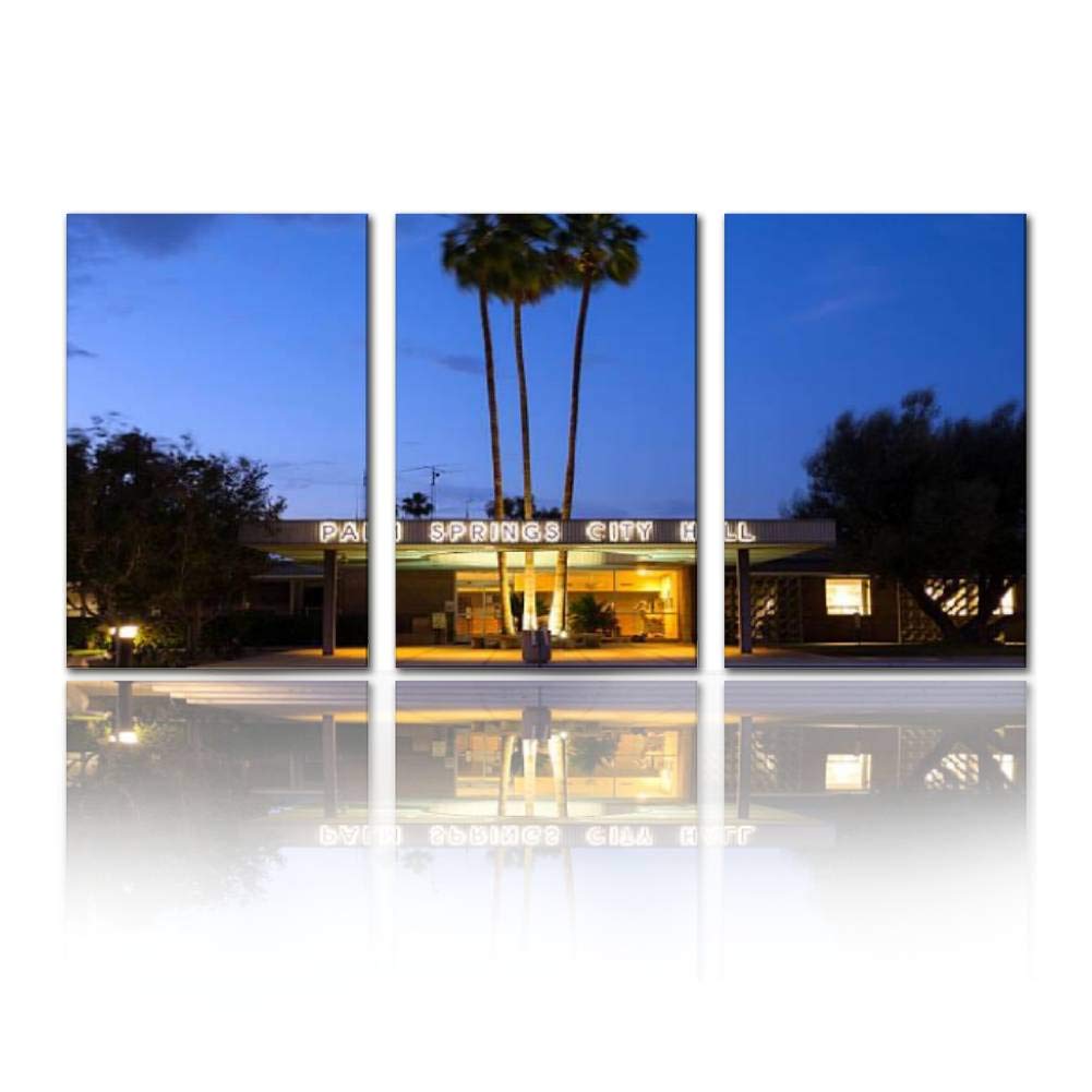 Modern Canvas Painting - City Hall in Palm Springs CA at Night & Riverside California Wall Art Decor - Printed Oil Painting Landscape for Home, Office, Bedroom - Framed Decor Set (16