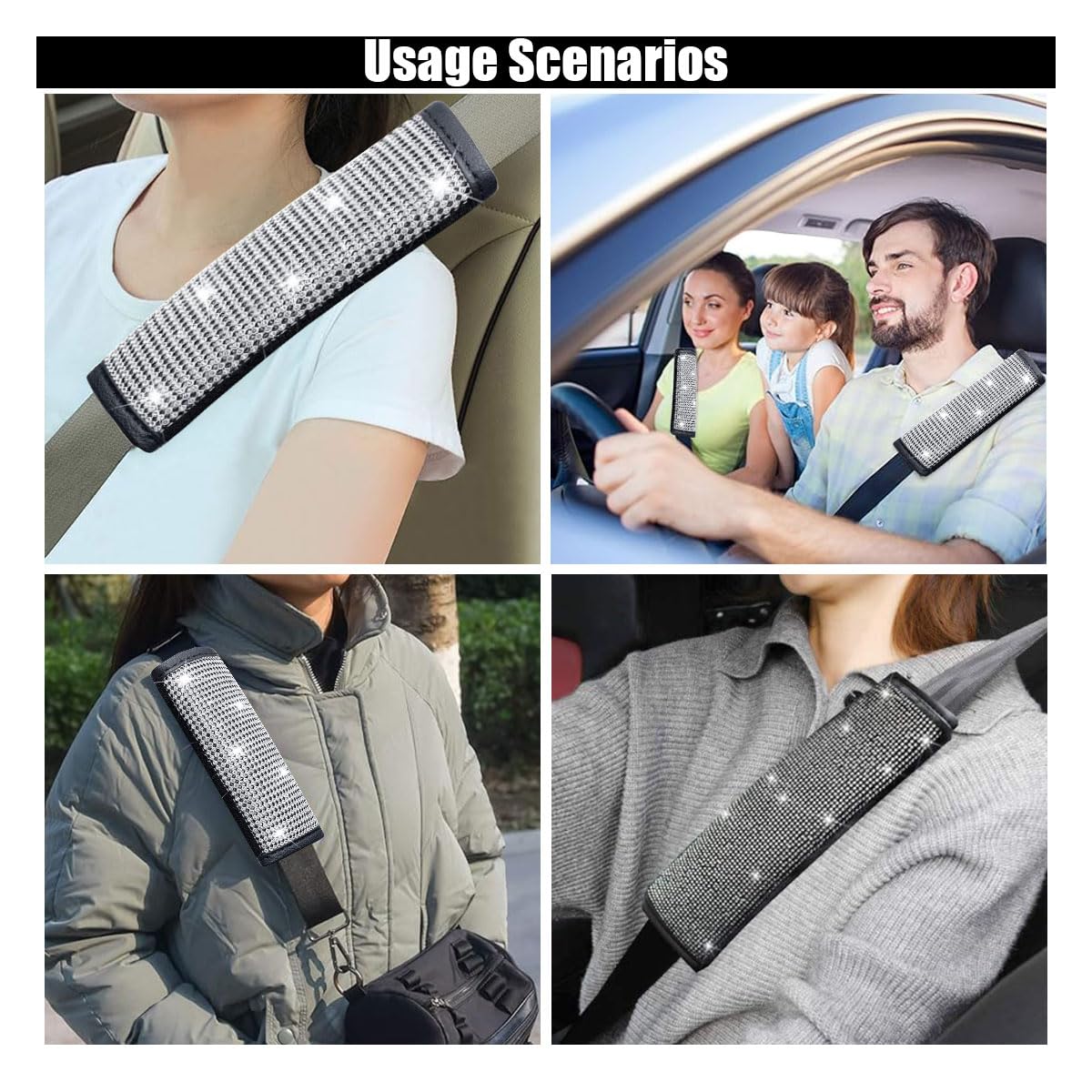 2PCS Rhinestone Bling Car Seat Belt Shoulder Pads - Crystal Diamond Seat Belt Covers for Women, Comfortable Car Seatbelt Strap Pads - Luxury Car Interior Accessories for SUV & Sedan (White Diamond) - Perfect for Daily Commute, Road Trips & Gift Giving