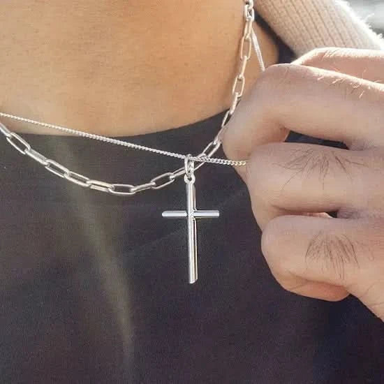 Men's Silver Cross Necklace - Stainless Steel Religious Pendant with 18