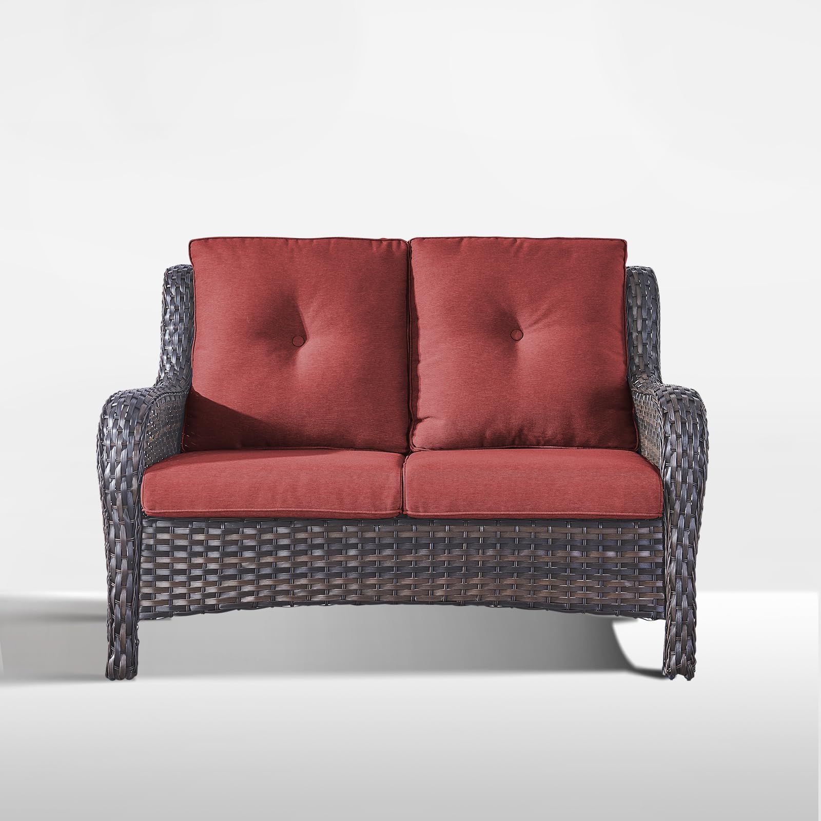Outdoor Loveseat Sofa - 2 Seater Rattan Wicker Patio Couch with High Back, Weather-Resistant Brown/Red, Perfect for Porch, Deck, Backyard & Garden Relaxation