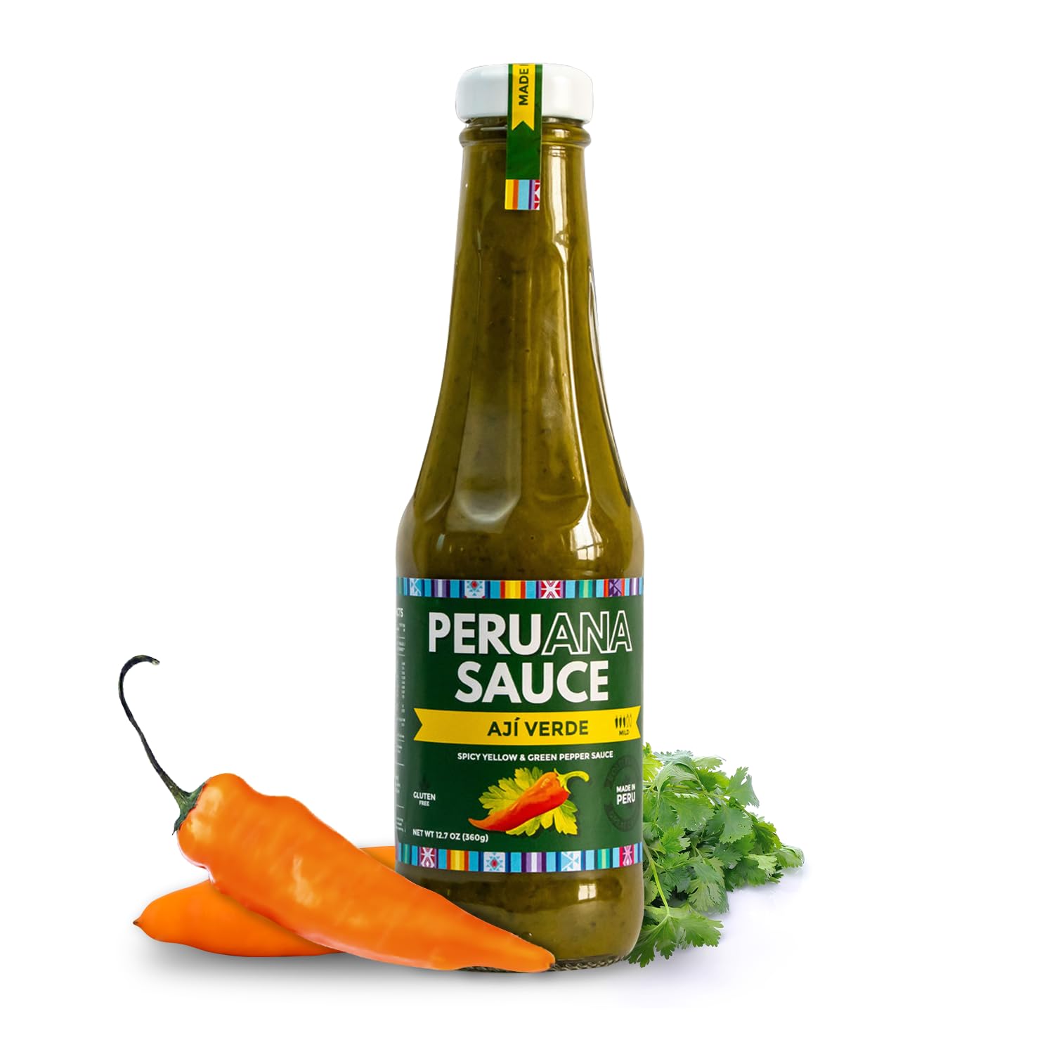 Authentic Spicy Peruvian Green Hot Sauce (Aji Verde) - 12.7 oz Glass Bottle - Made in Peru with Fresh Ingredients, No Artificial Colors, Gluten Free, Peanut Free, Lactose Free - Perfect for Tacos, Grilled Meats & Peruvian Dishes