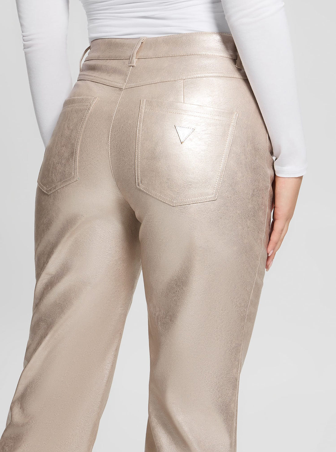Beige Ambra Metallic High-Waisted Pants for Women - Trendy Shiny Office & Party Trousers - Perfect for Work, Night Out and Special Occasions