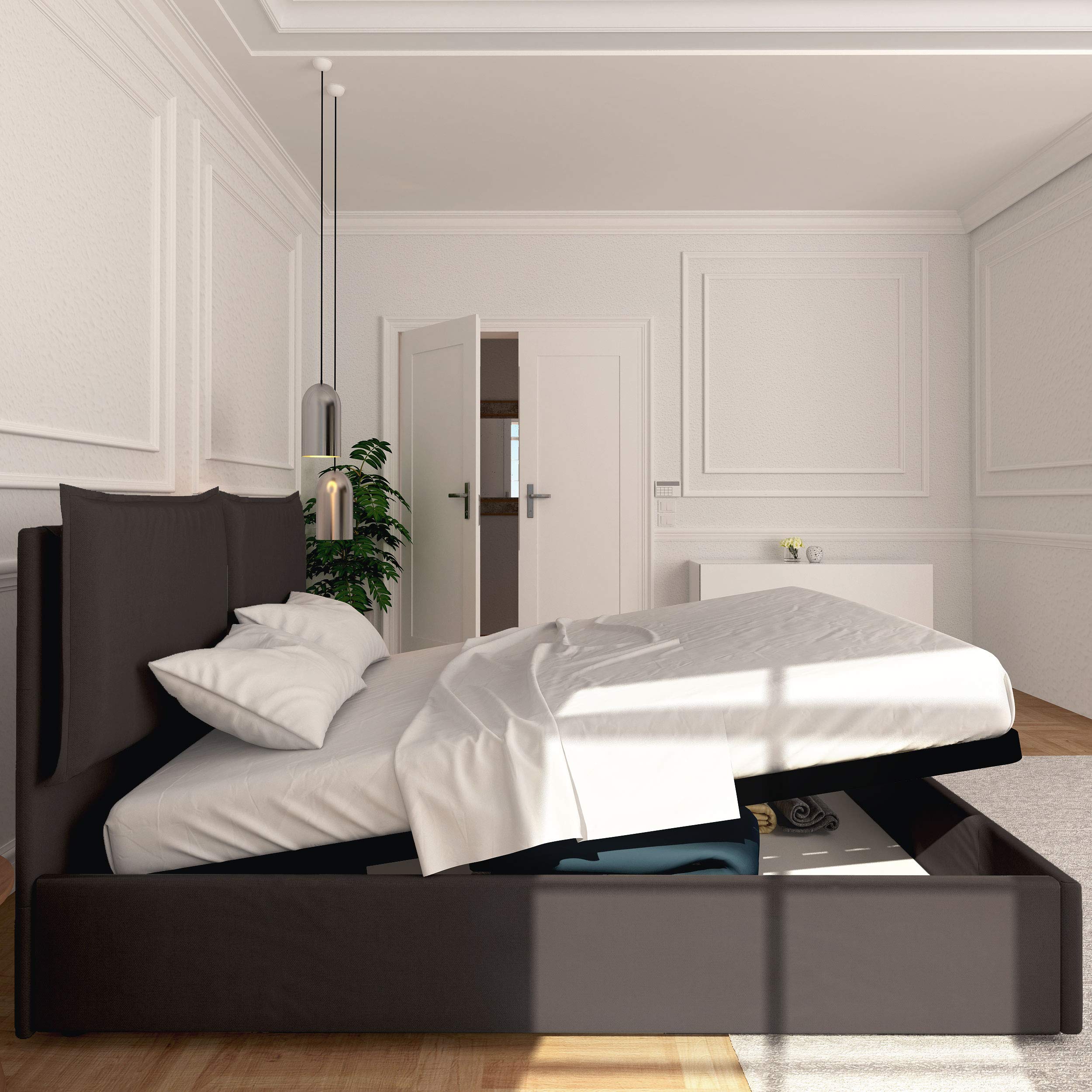 Baldiflex Licia Fabric Queen Size Bed with Slatted Base & Upholstered Headboard - 160x190cm Mattress Platform Bed Frame for Master Bedroom, Guest Room & Small Spaces
