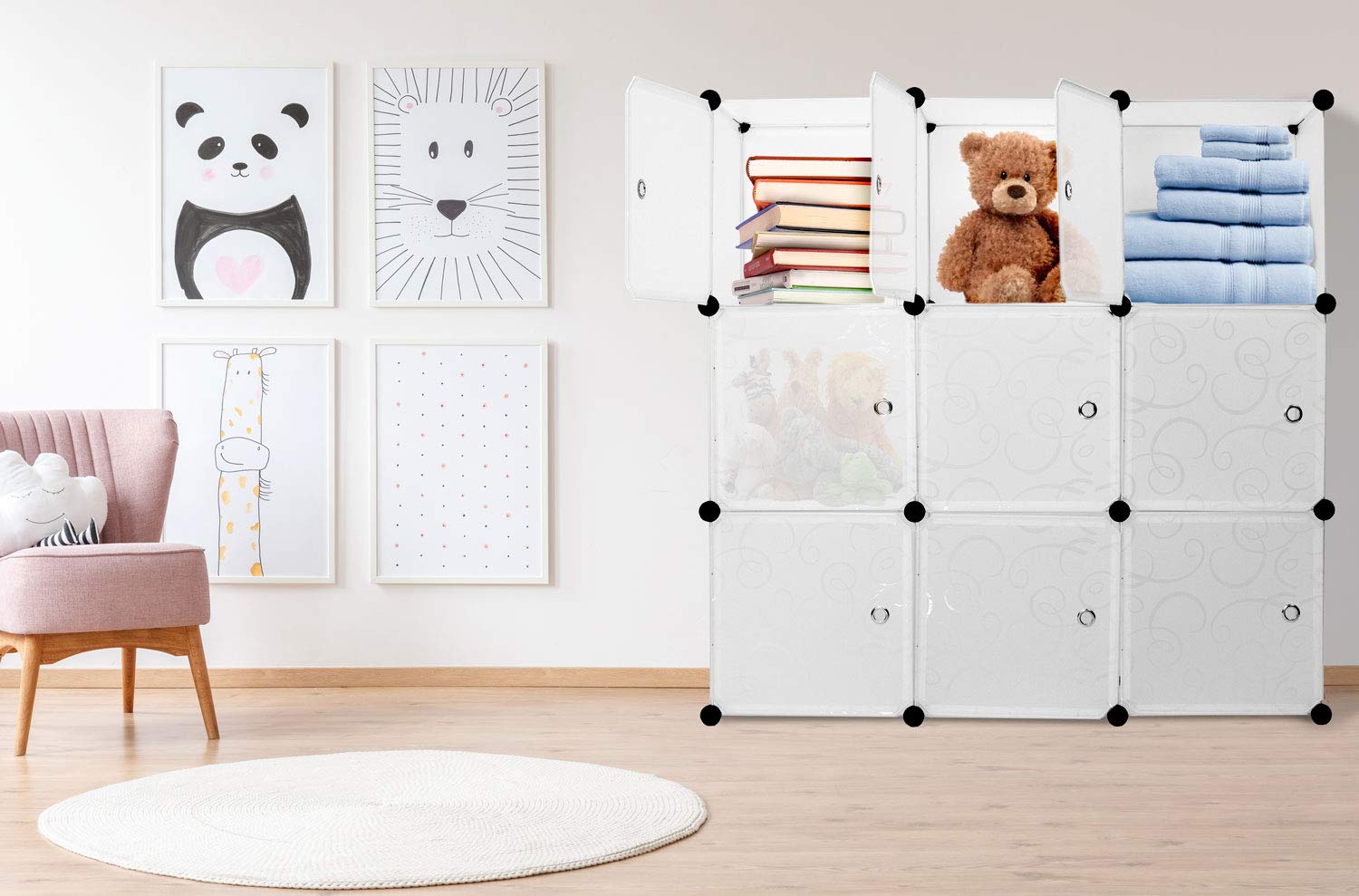9-Cube Storage Organizer | Stackable Modular Closet Organizer with Doors & Drawers, Translucent White (42
