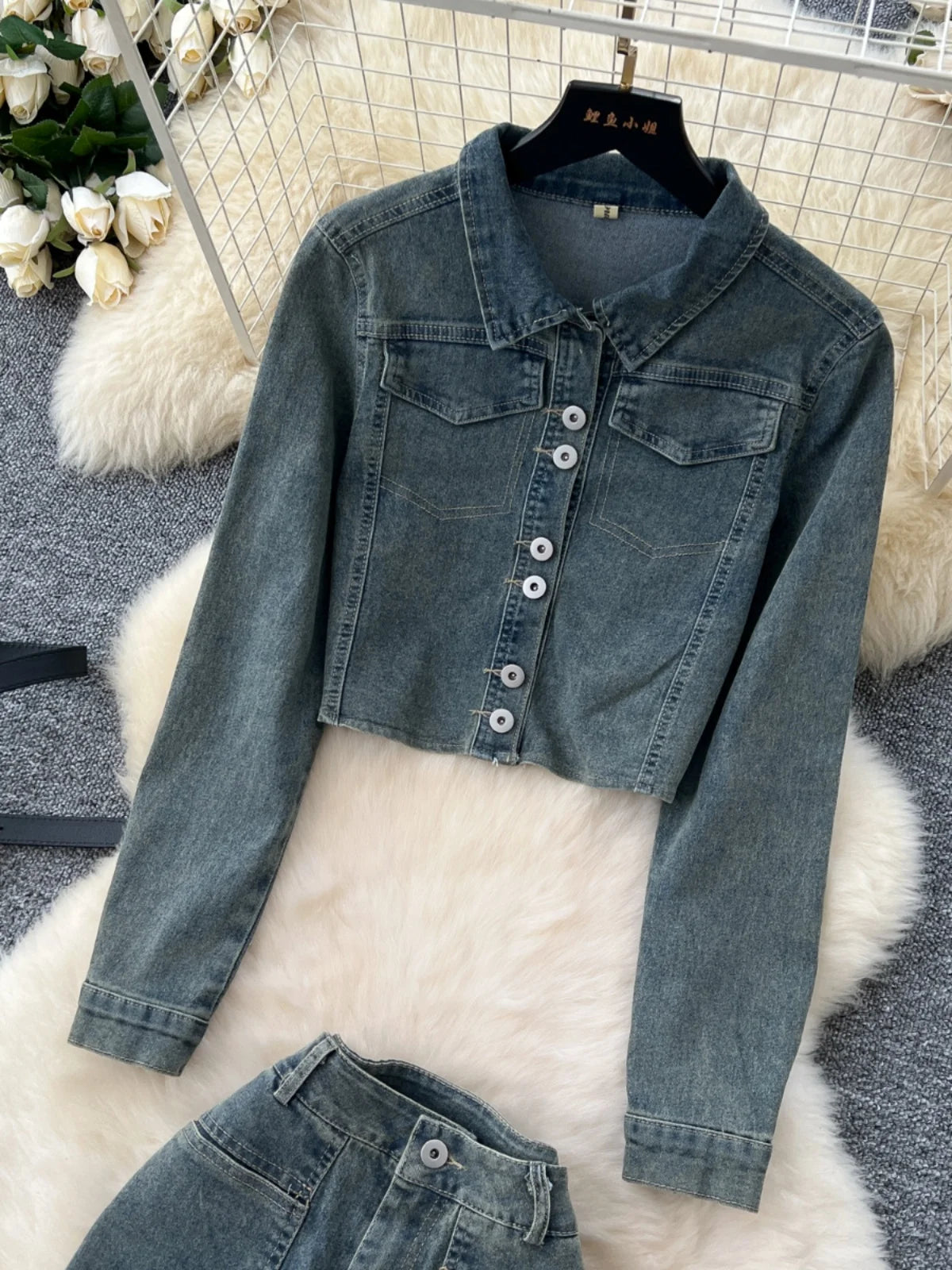 Vintage Blue Denim Two-Piece Set for Women - Single Breasted Lapel Long Sleeve Coat & High Waist Wide Leg Jeans | Fall Fashion, Casual Outfits, Retro Style, Everyday Wear