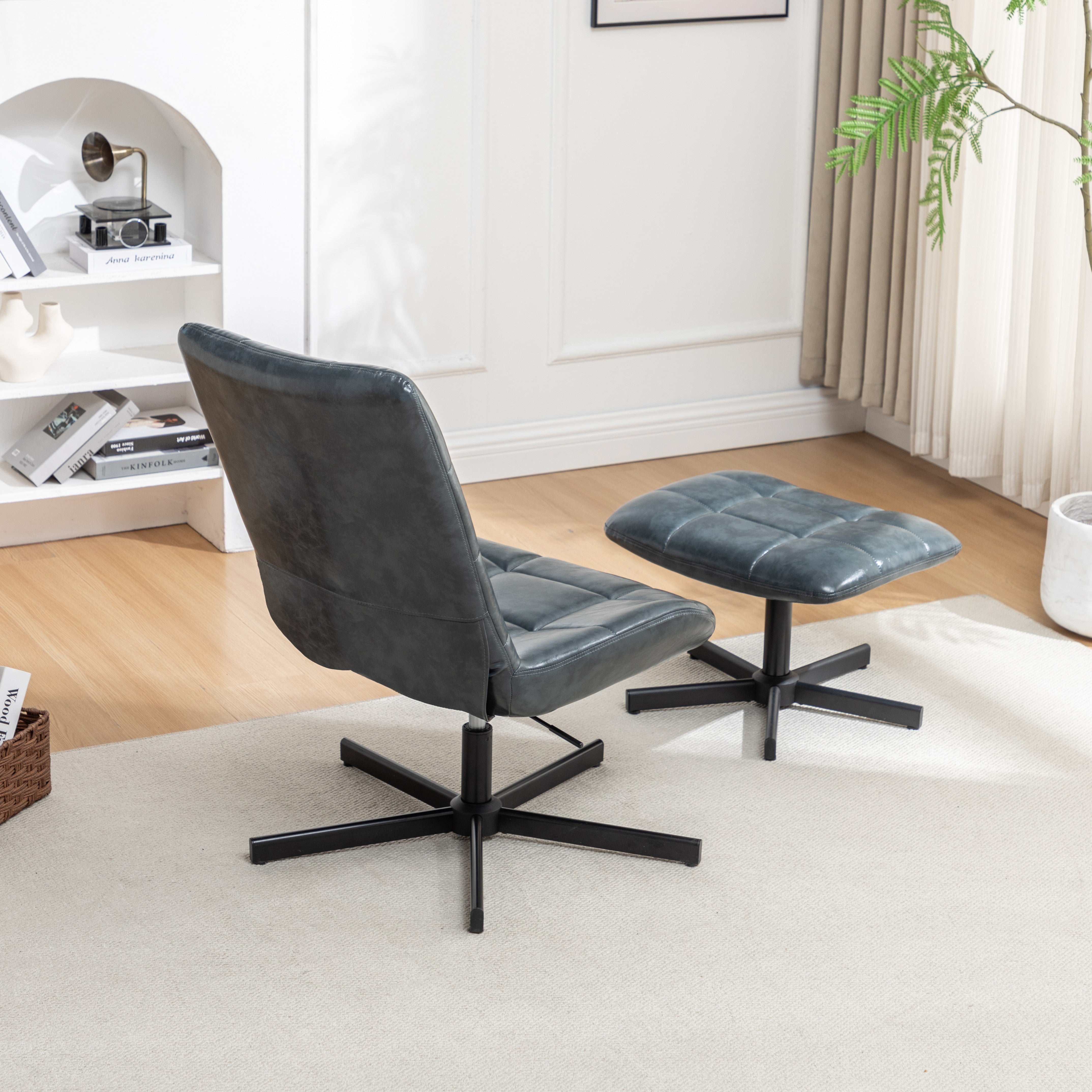 Roundhill Furniture Arlena Faux Leather Tufted Accent Chair with Ottoman Set - Modern Living Room Seating for Home Office, Bedroom or Lounge Area