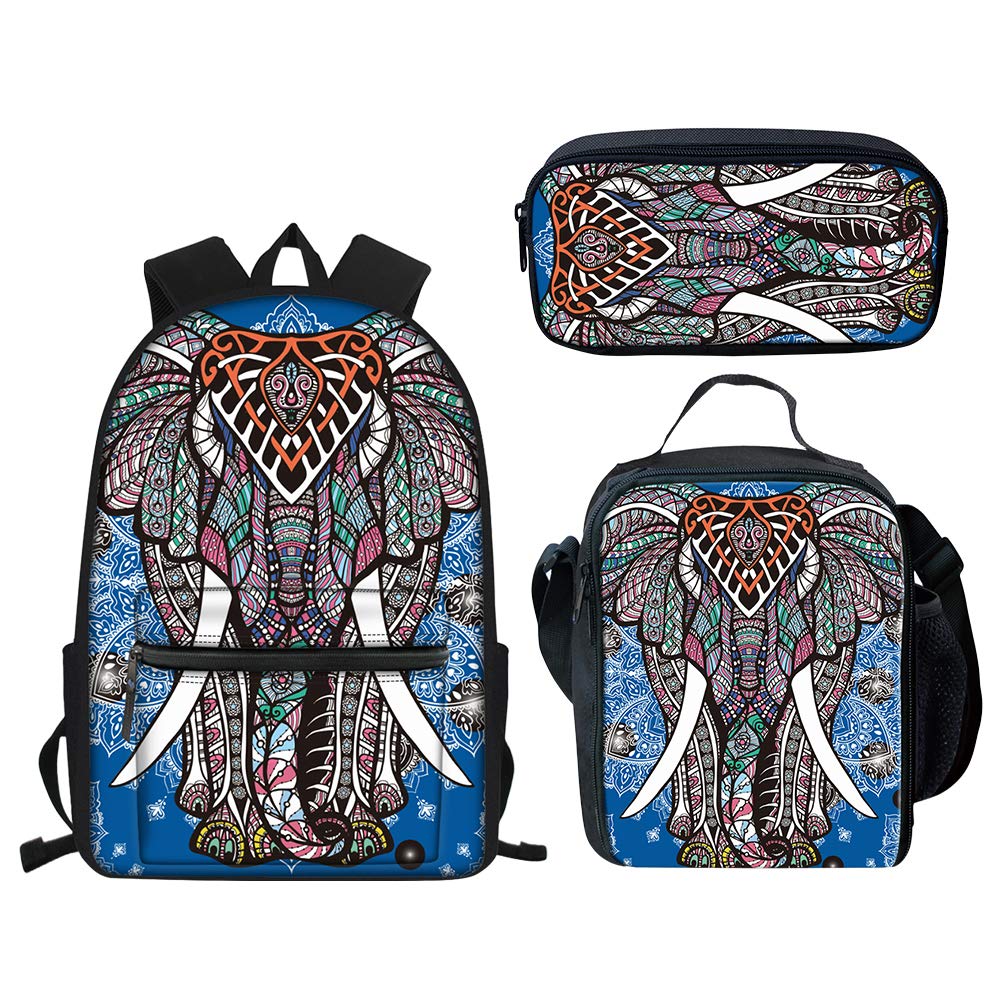 SEANATIVE 3-Piece School Backpack Set for Girls - Book Bag, Lunch Box & Pencil Case with Mandala Indian Elephant Print - Perfect for School, Travel & Daily Use