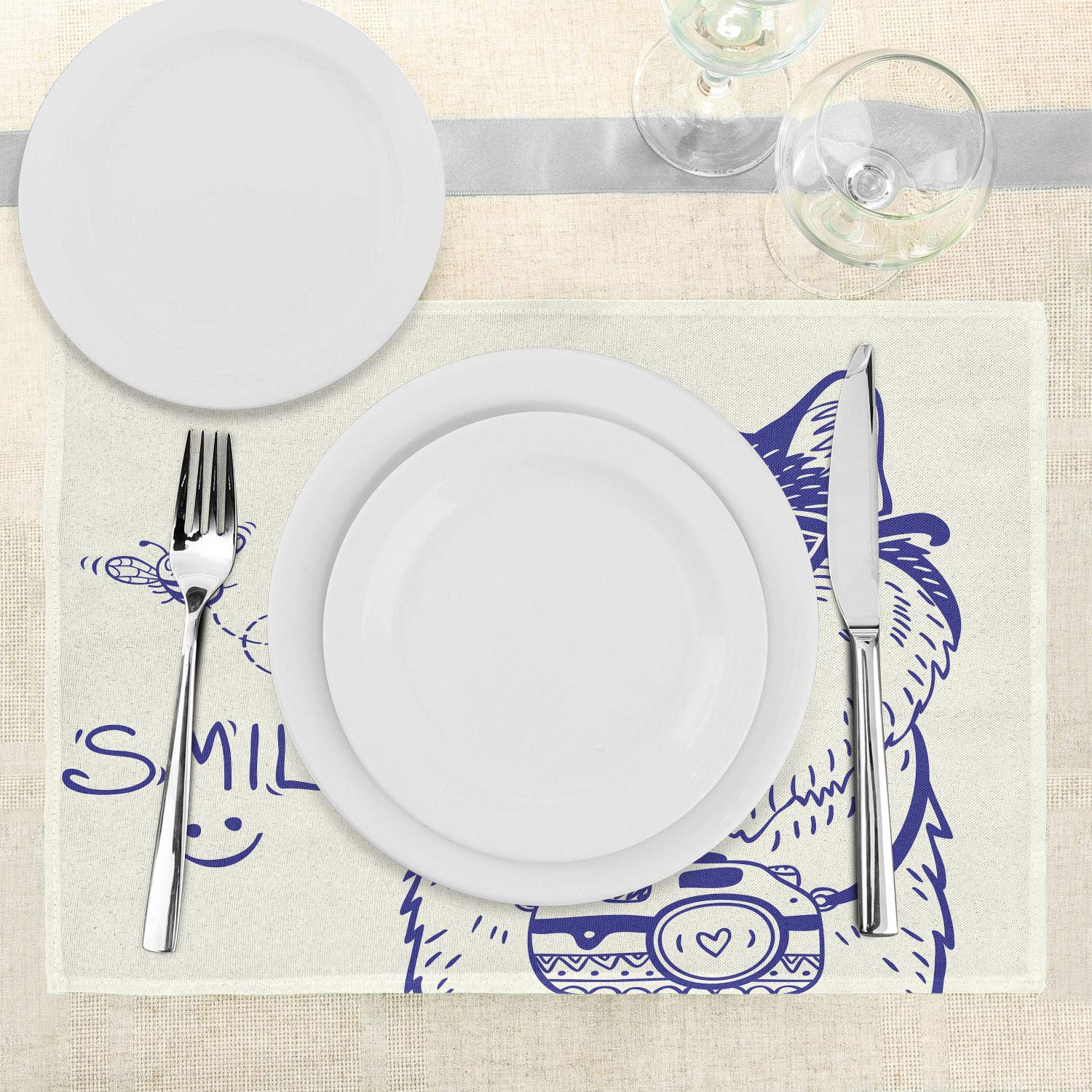 Ambesonne Alaskan Malamute Place Mats Set of 4 - Cartoon Style Puppy with Glasses & Camera Design, Washable Fabric Placemats for Dining Table & Kitchen Decor in Blue & White | Perfect for Family Meals, Dinner Parties & Pet Lover Home Decor