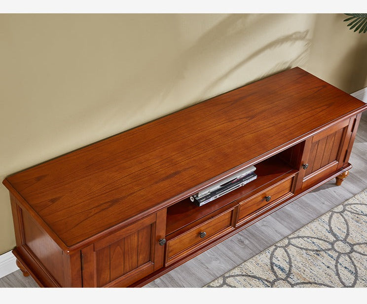Calvin Glass Display 2 Drawer TV Console Coffee Table - American Classic Style Solid Wood Living Room Furniture for Home Decor & Entertainment Storage