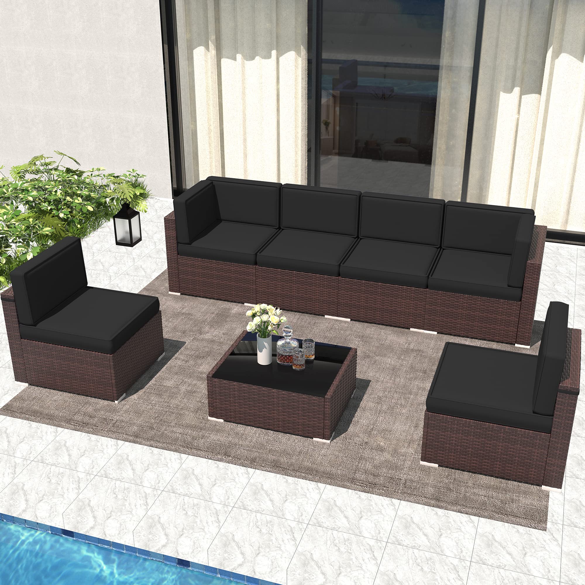 LayinSun 7-Piece Patio Furniture Set - Outdoor Wicker Sectional Sofa with Coffee Table for Backyard, Poolside & Garden Relaxation