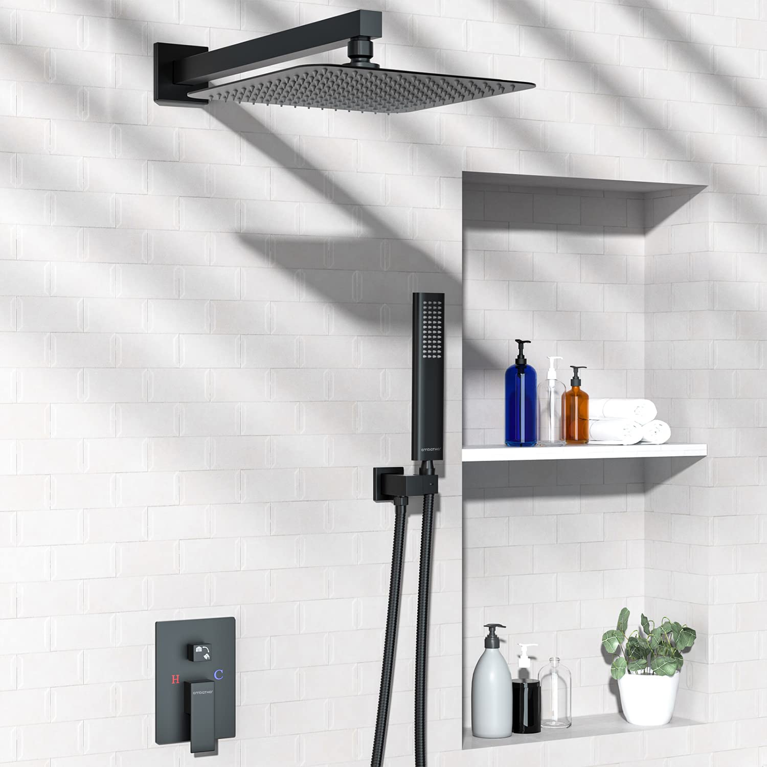 EMBATHER 12 Inch Matte Black Shower System - Square Rainfall Shower Head & Handheld Spray Combo with Wall Mounted Faucet for Bathroom (Includes Rough-in Valve & Trim) - Perfect for Modern Home Spa Experience and Luxury Bathroom Renovation